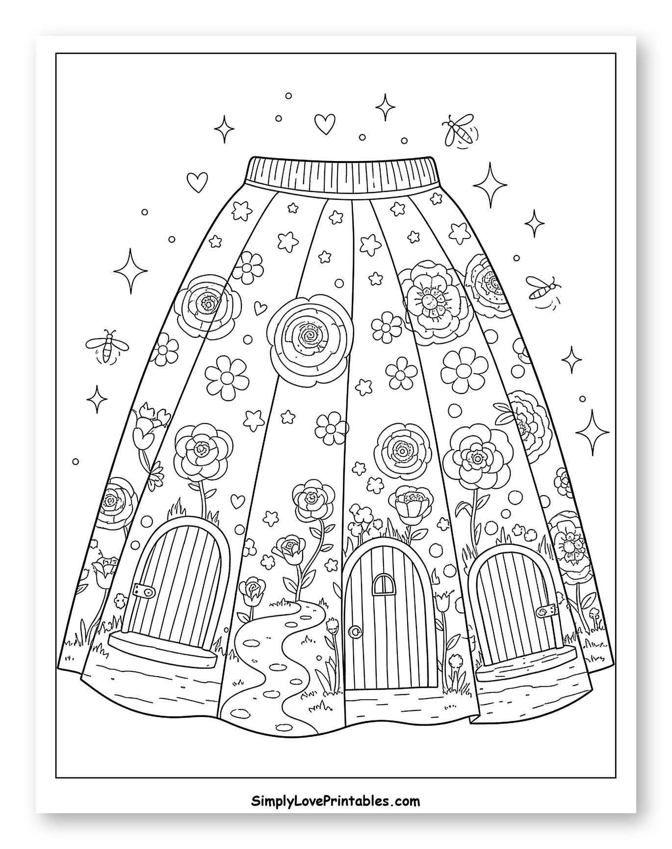Magical Garden Skirt with Fairy Doors Coloring Page for Adults