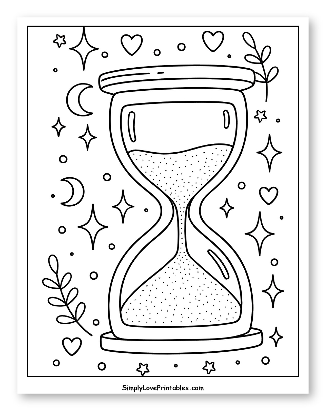 Magical Hourglass with Hearts and Stars to Color for Adults