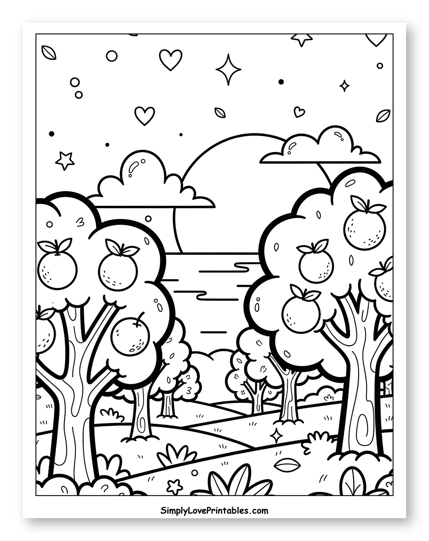 Magical Orange Orchard with Floating Hearts and Stars