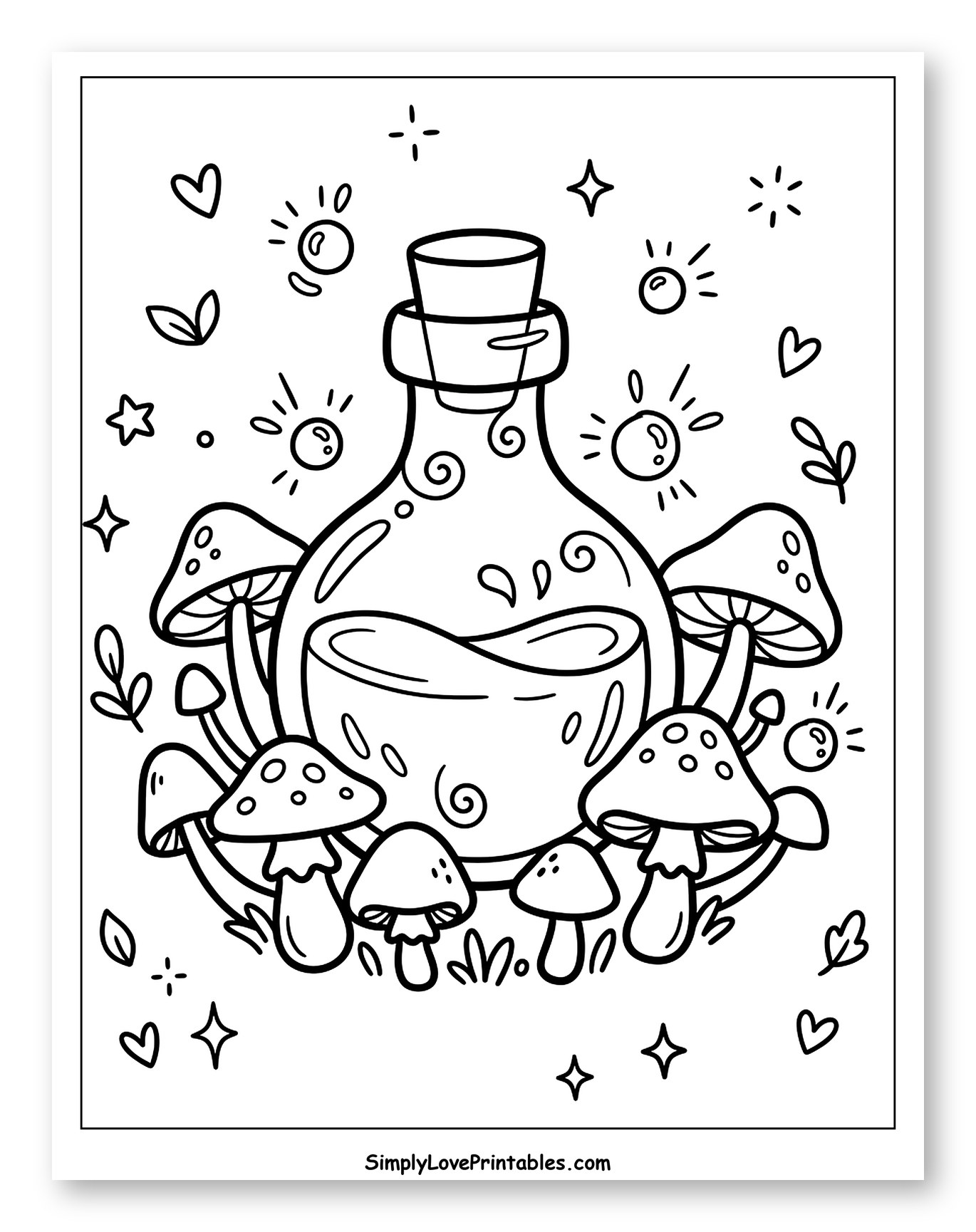 Magical Potion Bottle and Forest Mushrooms Coloring Page for Adults