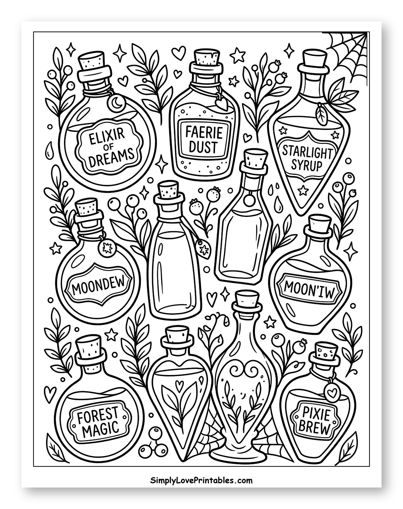Magical Potions with Faerie Dust and Starlight Syrup Coloring Sheet for Adults