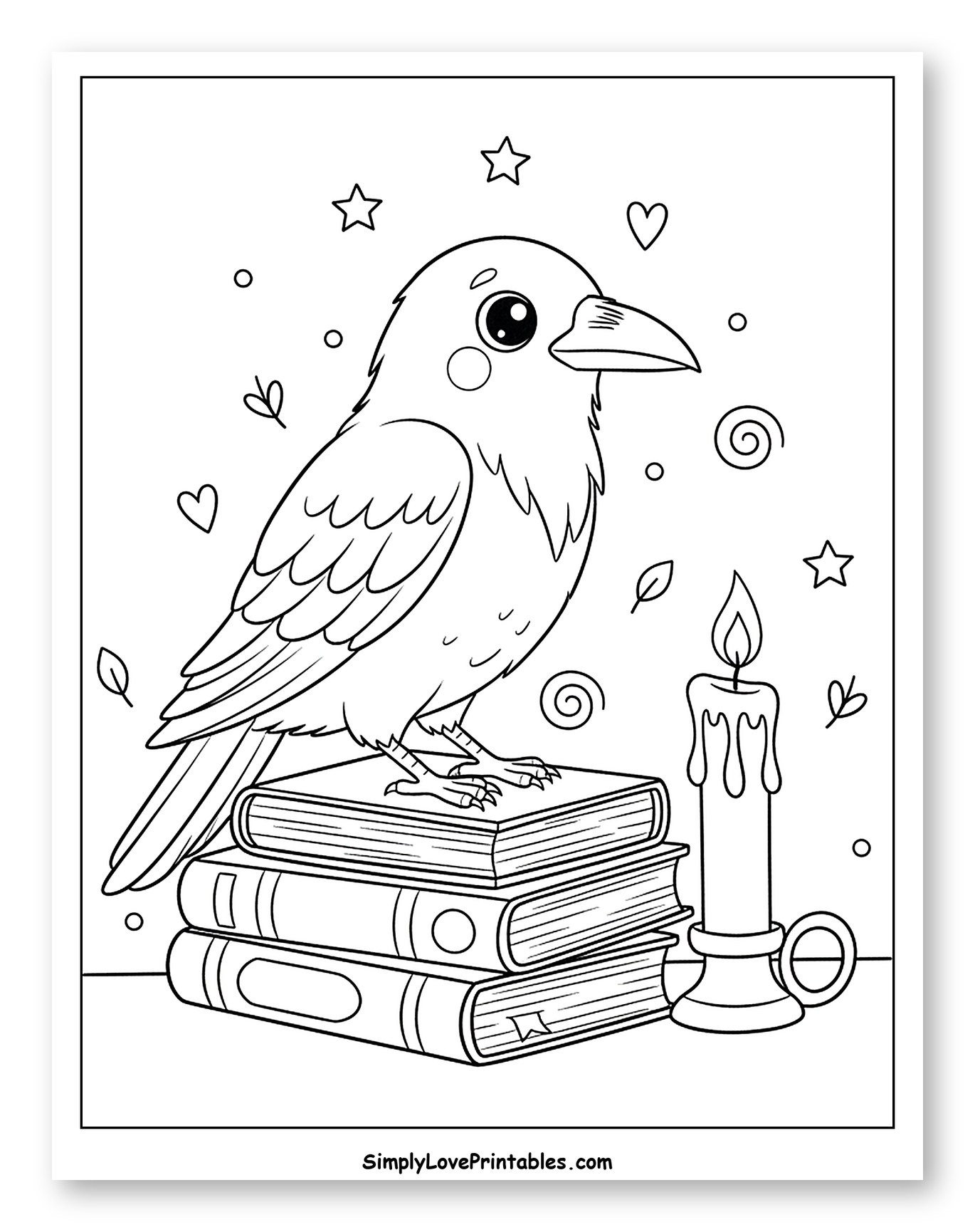 Magical Raven on Books with Lit Candle Coloring Page for Adults