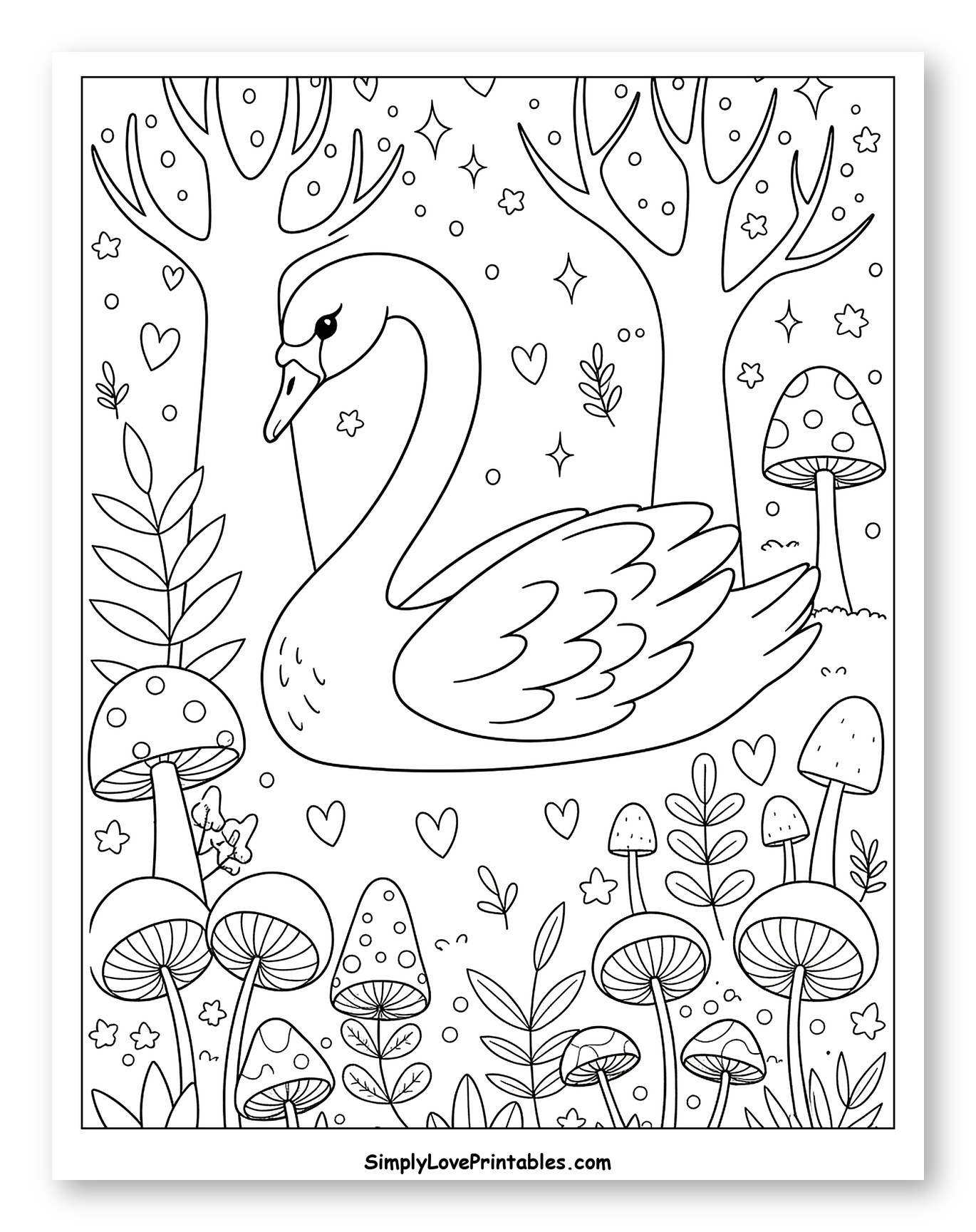 Magical Swan Among Forest Mushrooms