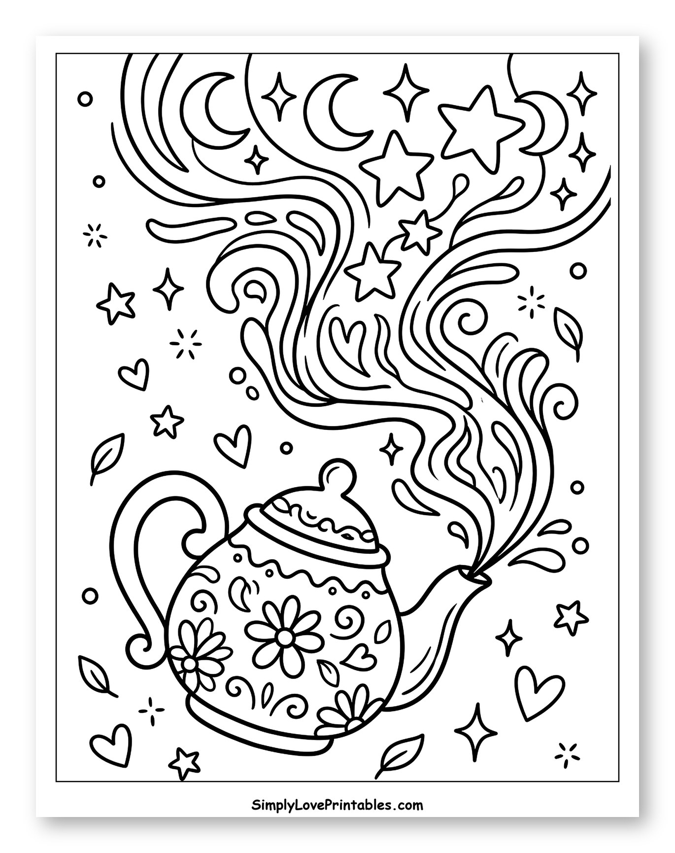 Magical Teapot with Swirling Stars and Moons to Color for Adults