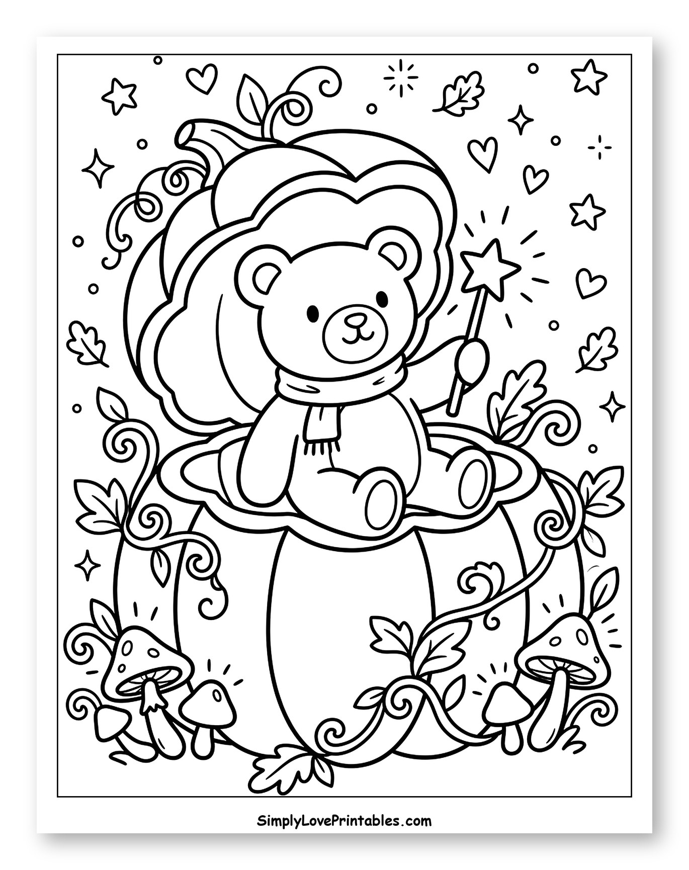 Magical Teddy Bear Sitting in a Pumpkin Coloring Page for Adults
