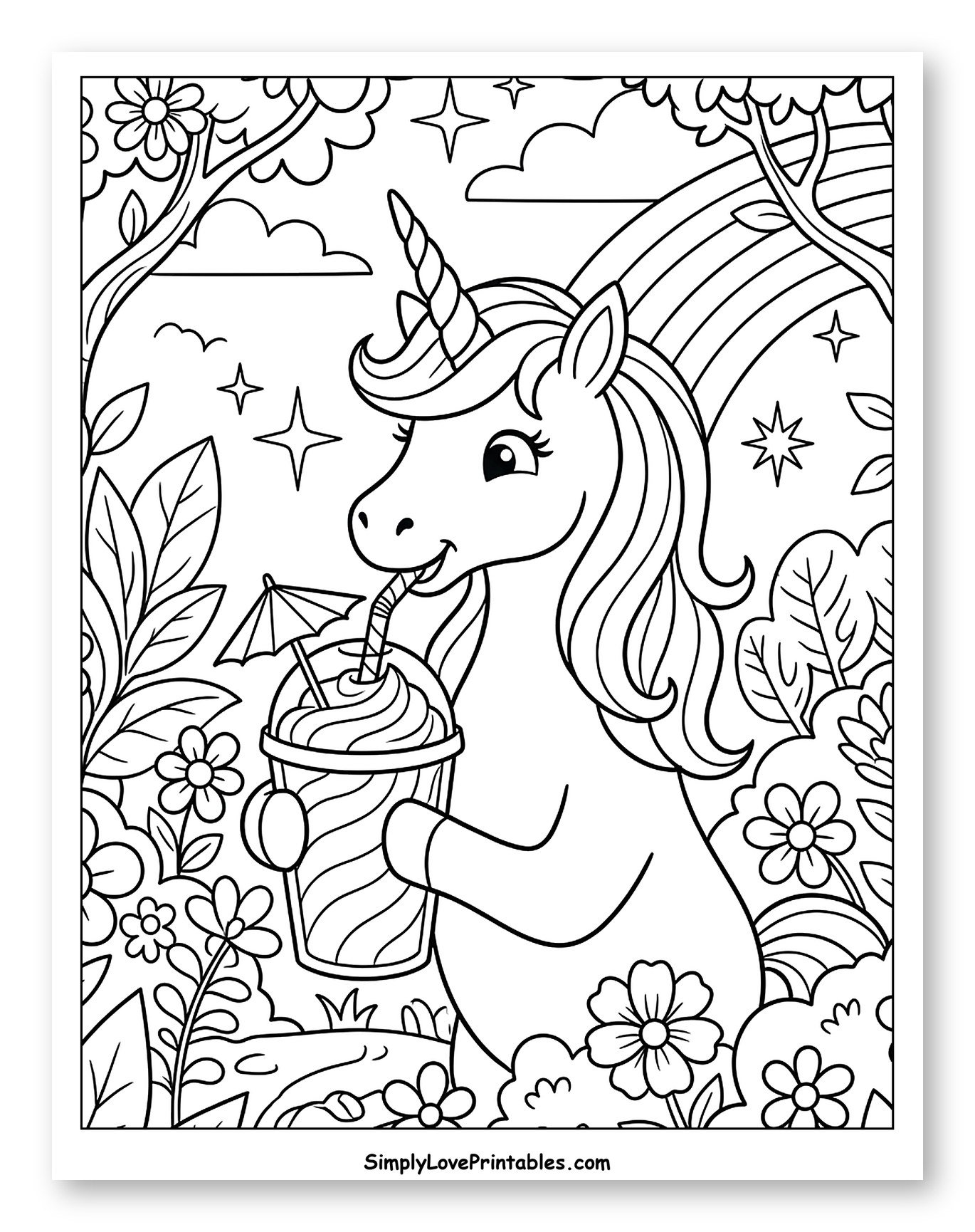 Magical Unicorn Drinking Smoothie with Rainbow to Color for Kids