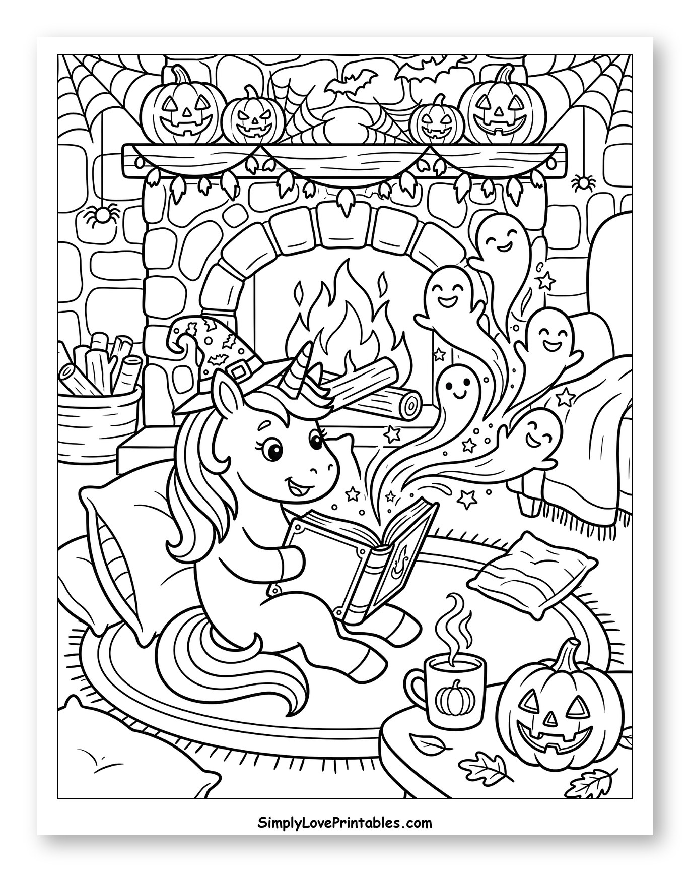Magical Unicorn Reading by Halloween Fireplace