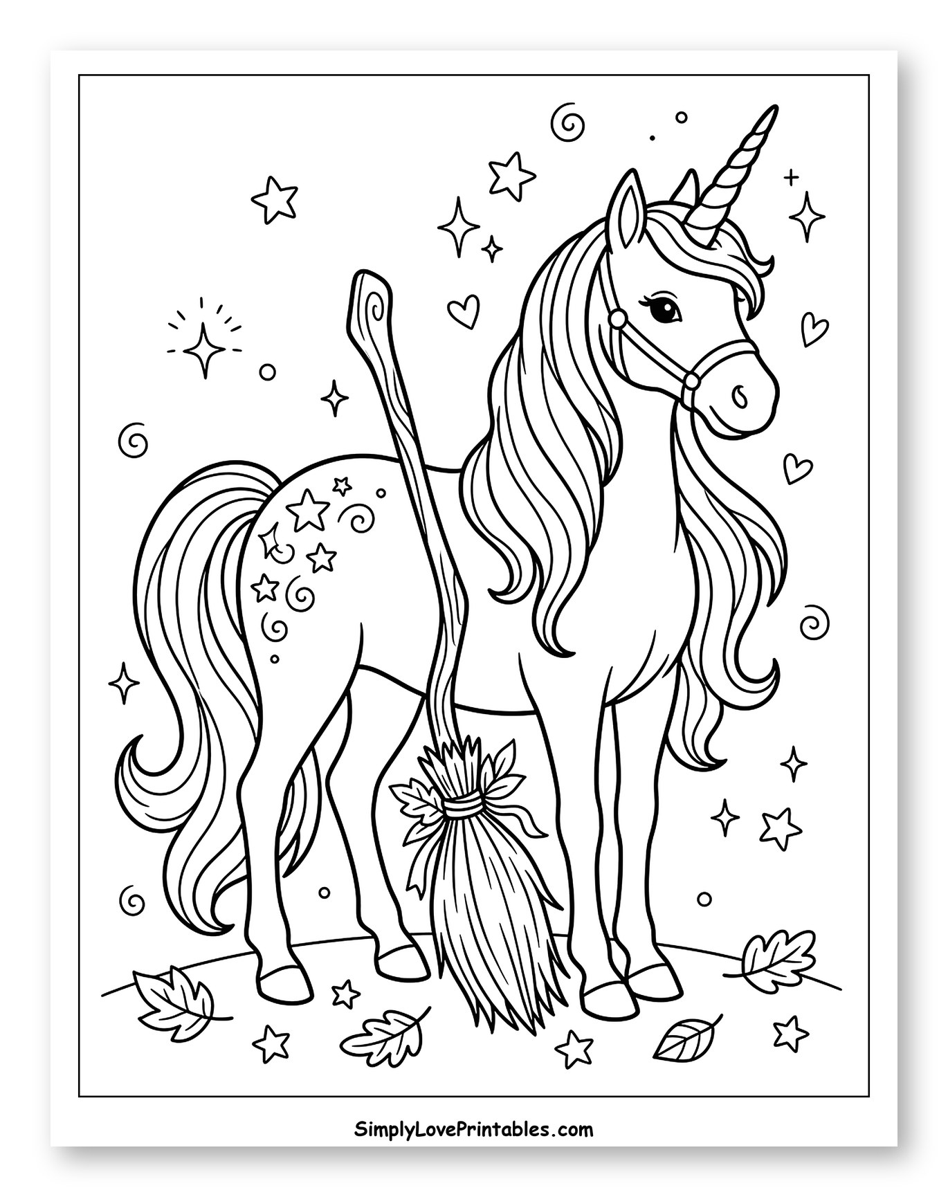 Magical Unicorn with Broom and Autumn Stars