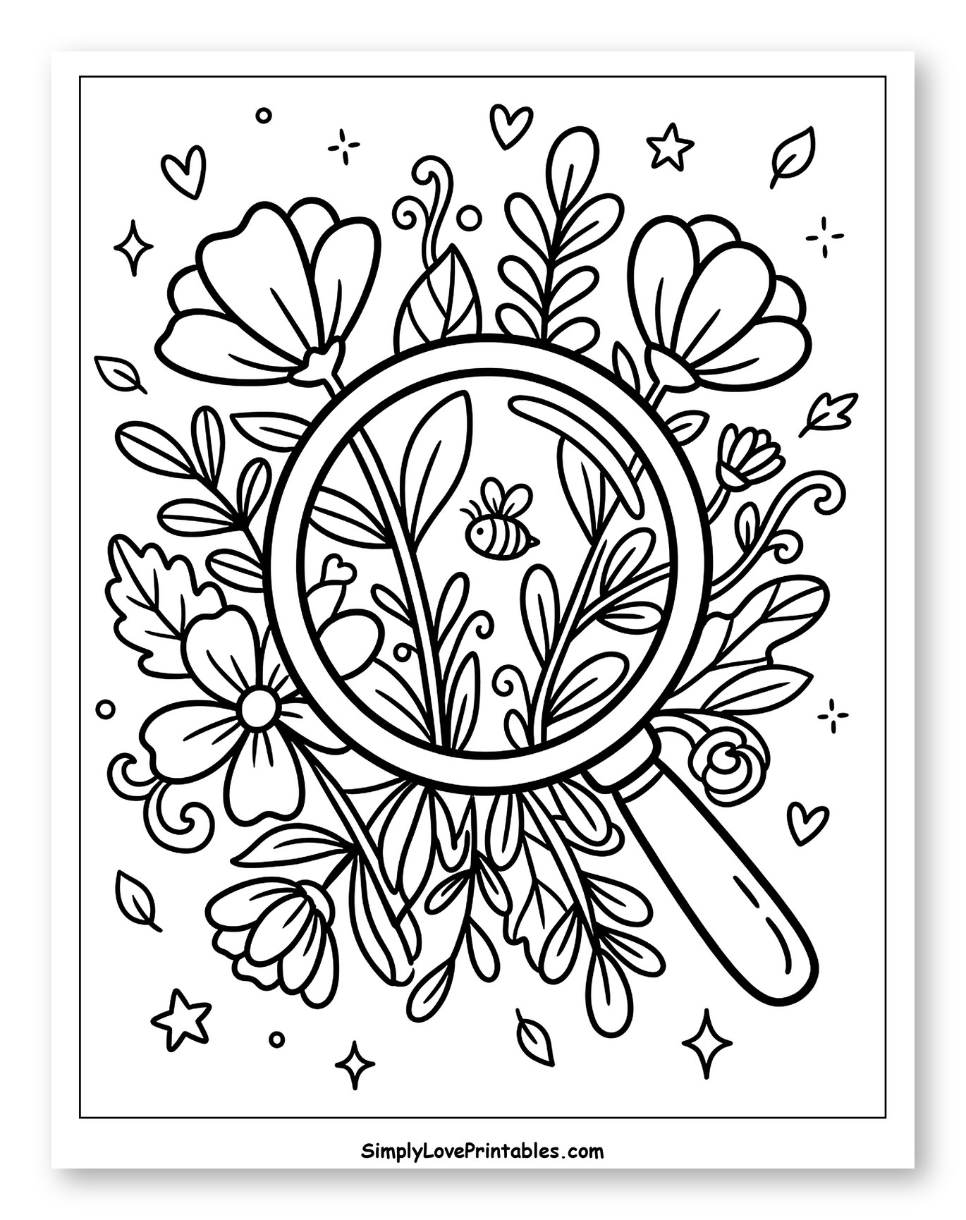 Magnifying Glass with Bee and Flowers Coloring Page for Adults