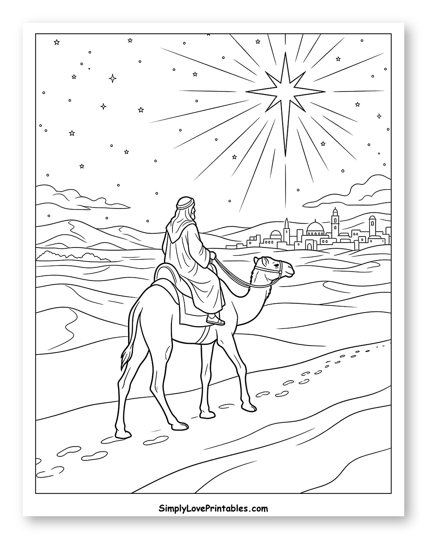 Magus Riding Camel Towards Bethlehem Star Coloring Sheet