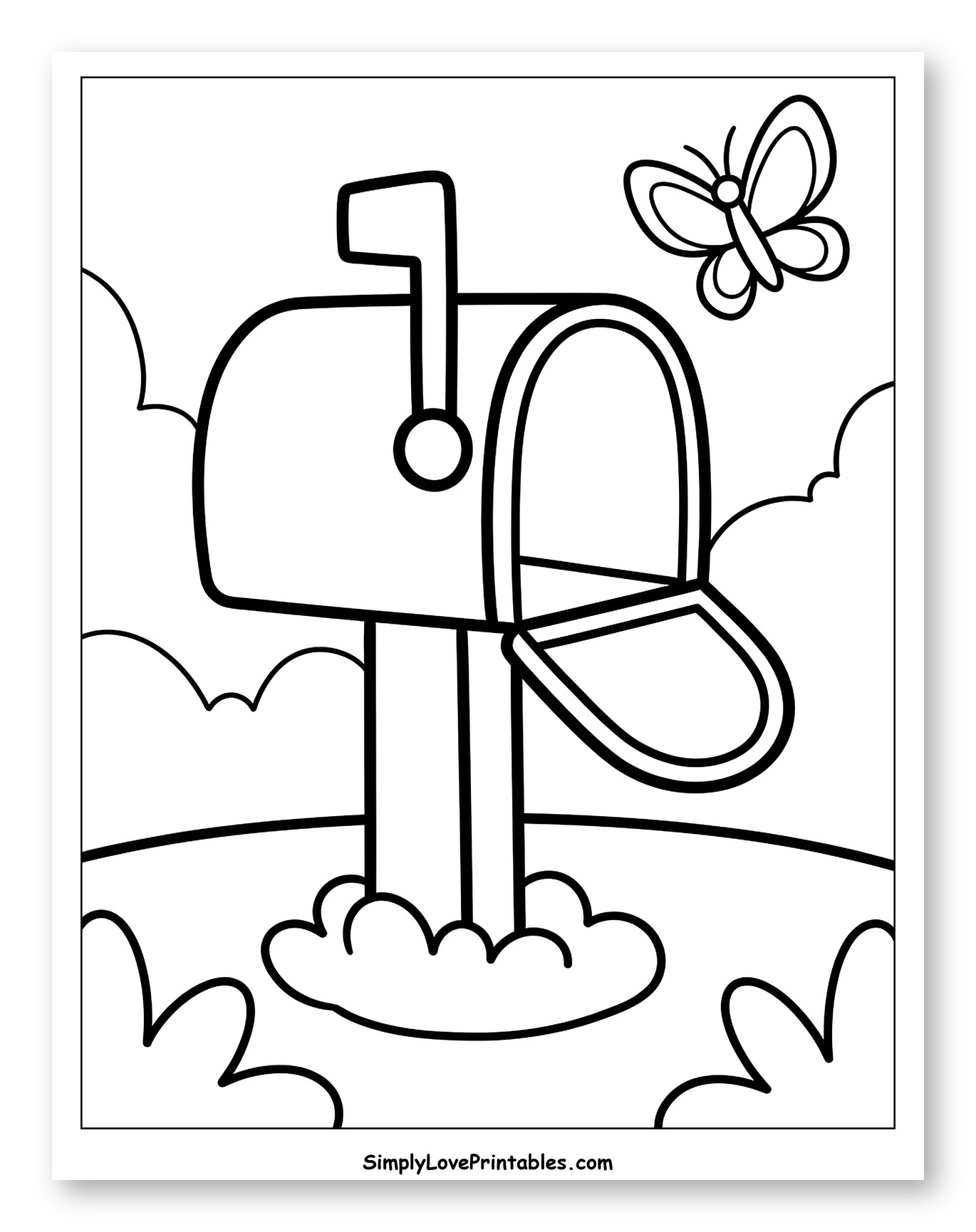 Mailbox with Open Door and Butterfly Coloring Page for Toddlers