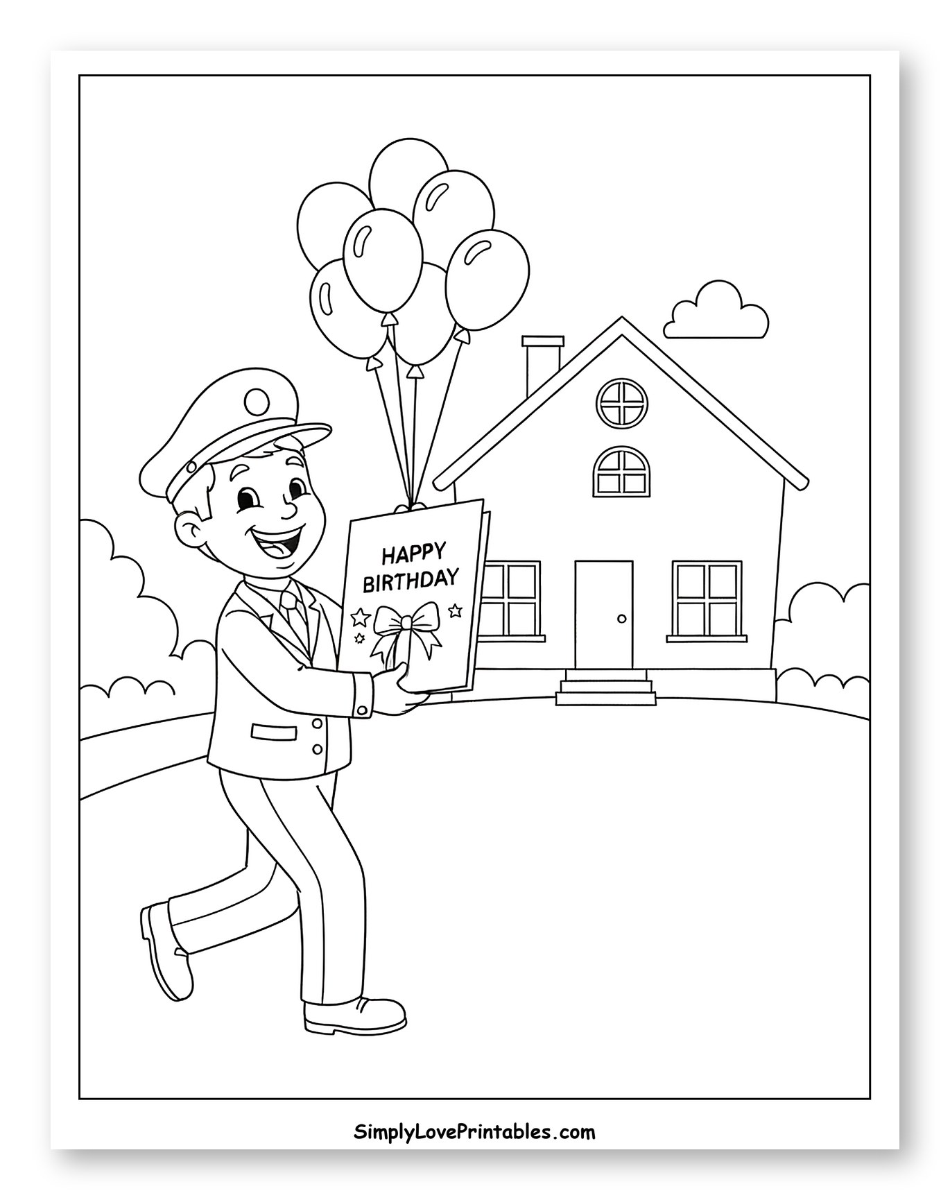 Mailman Delivering Birthday Card with Balloons to Color for Kids