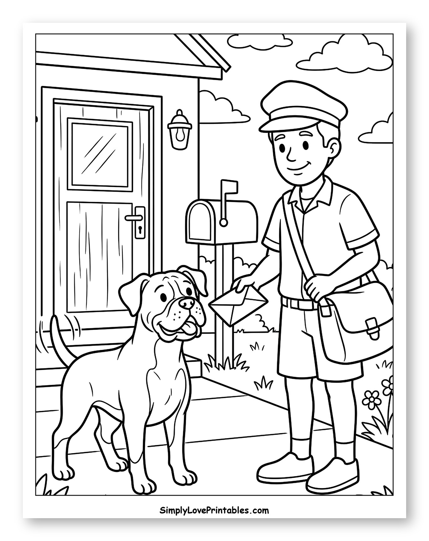 Mailman Delivering Letter to Happy Boxer Dog