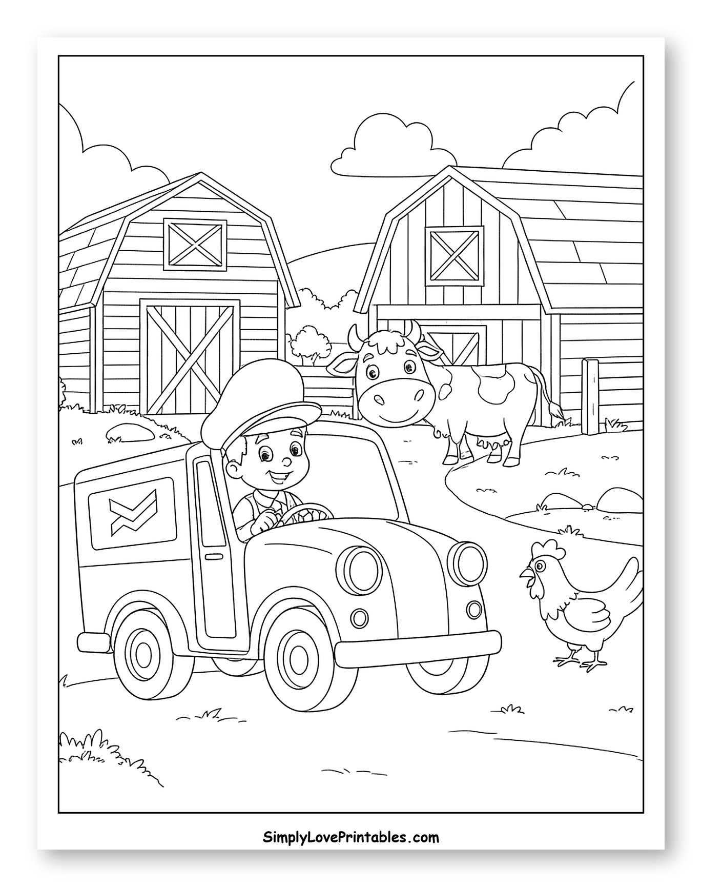 Mailman Driving Truck on a Farm Coloring Page for Kids