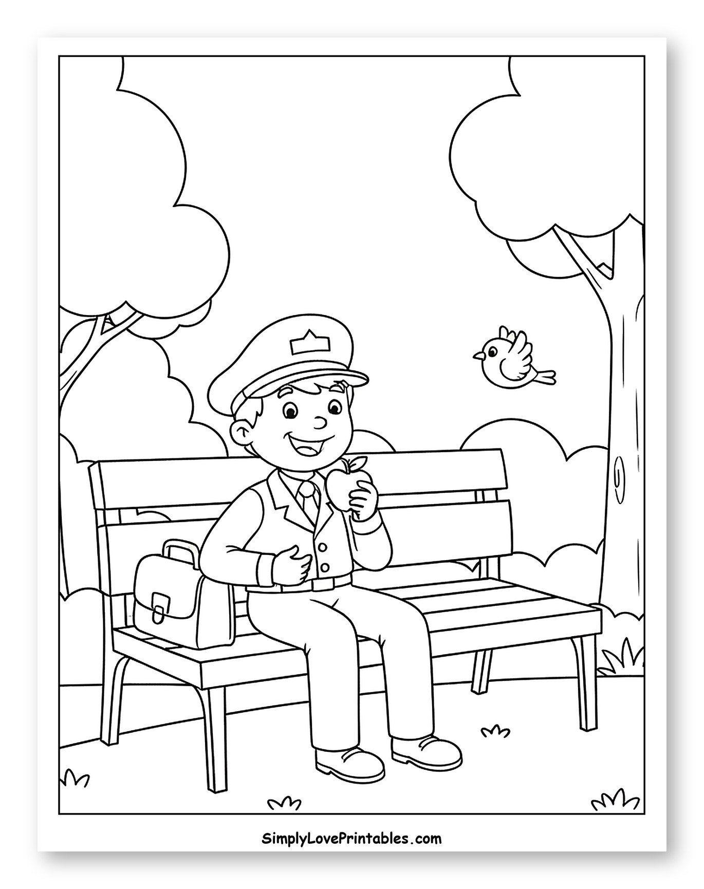Mailman Eating Apple on Park Bench