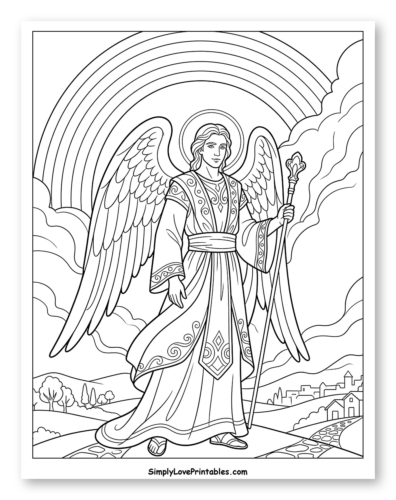 Majestic Angel Gabriel with Rainbow and Staff Coloring Page