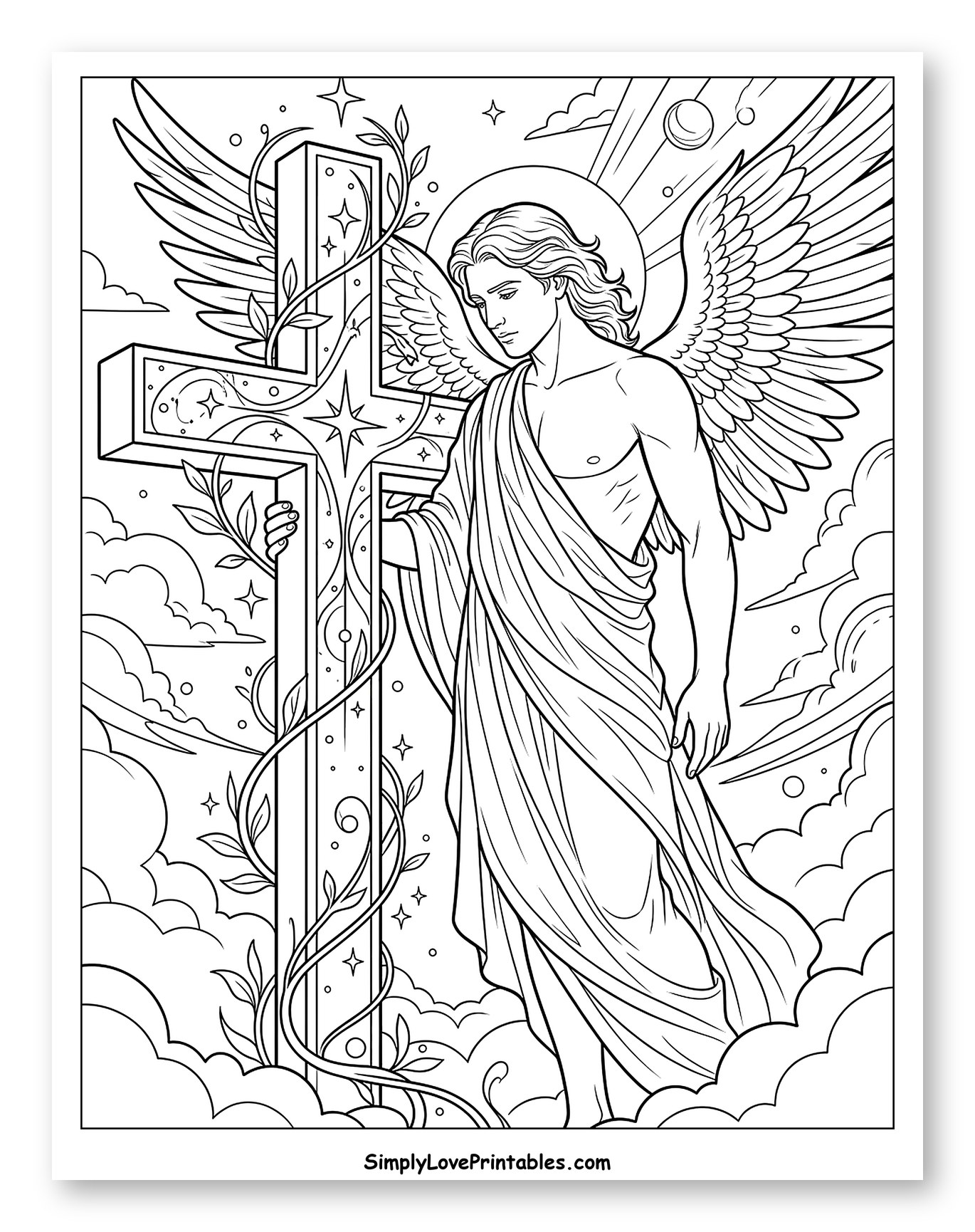 Majestic Angel Standing by a Vine-Wrapped Cross Coloring Page