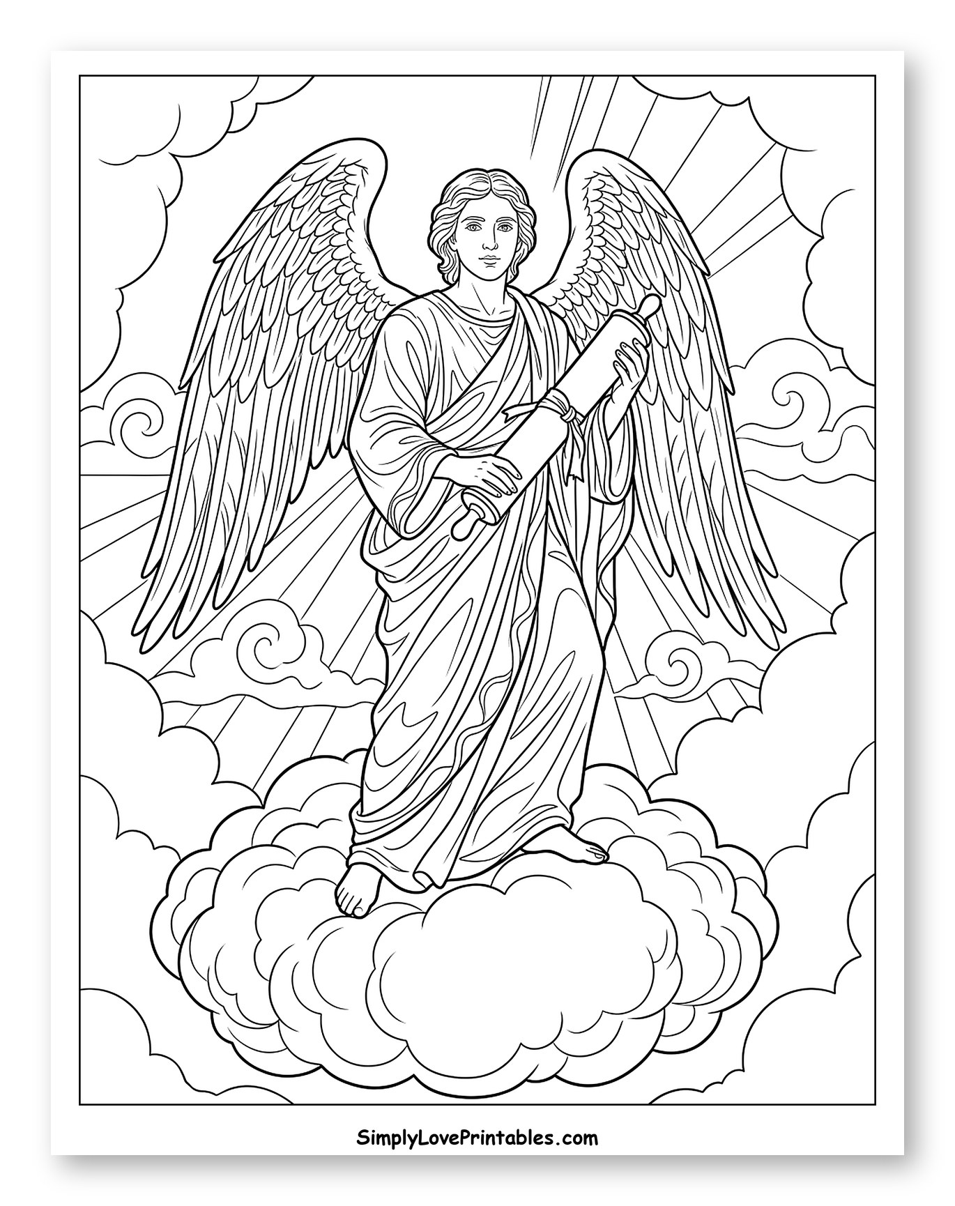 Majestic Angel Standing on Clouds Holding Scroll