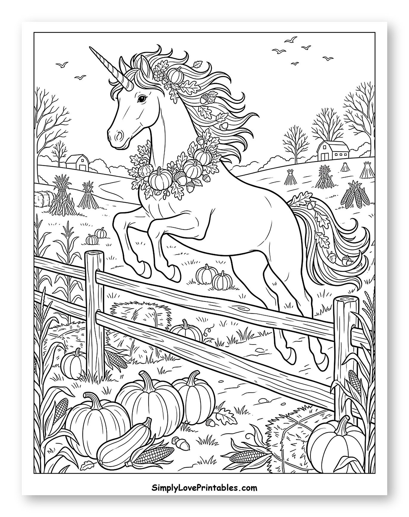 Majestic Autumn Unicorn Jumping Over a Fence