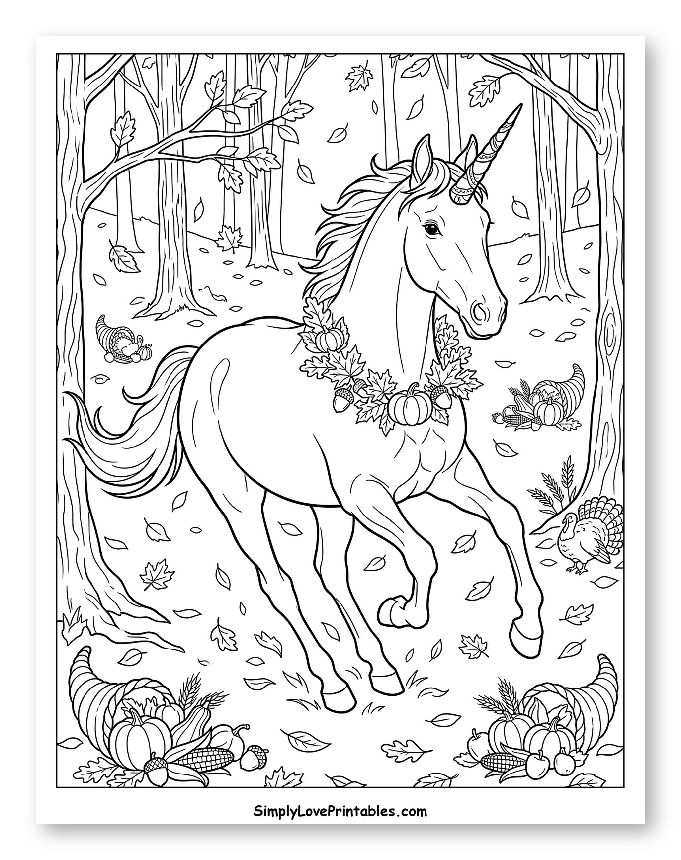 Majestic Autumn Unicorn Prancing Through the Forest to Color