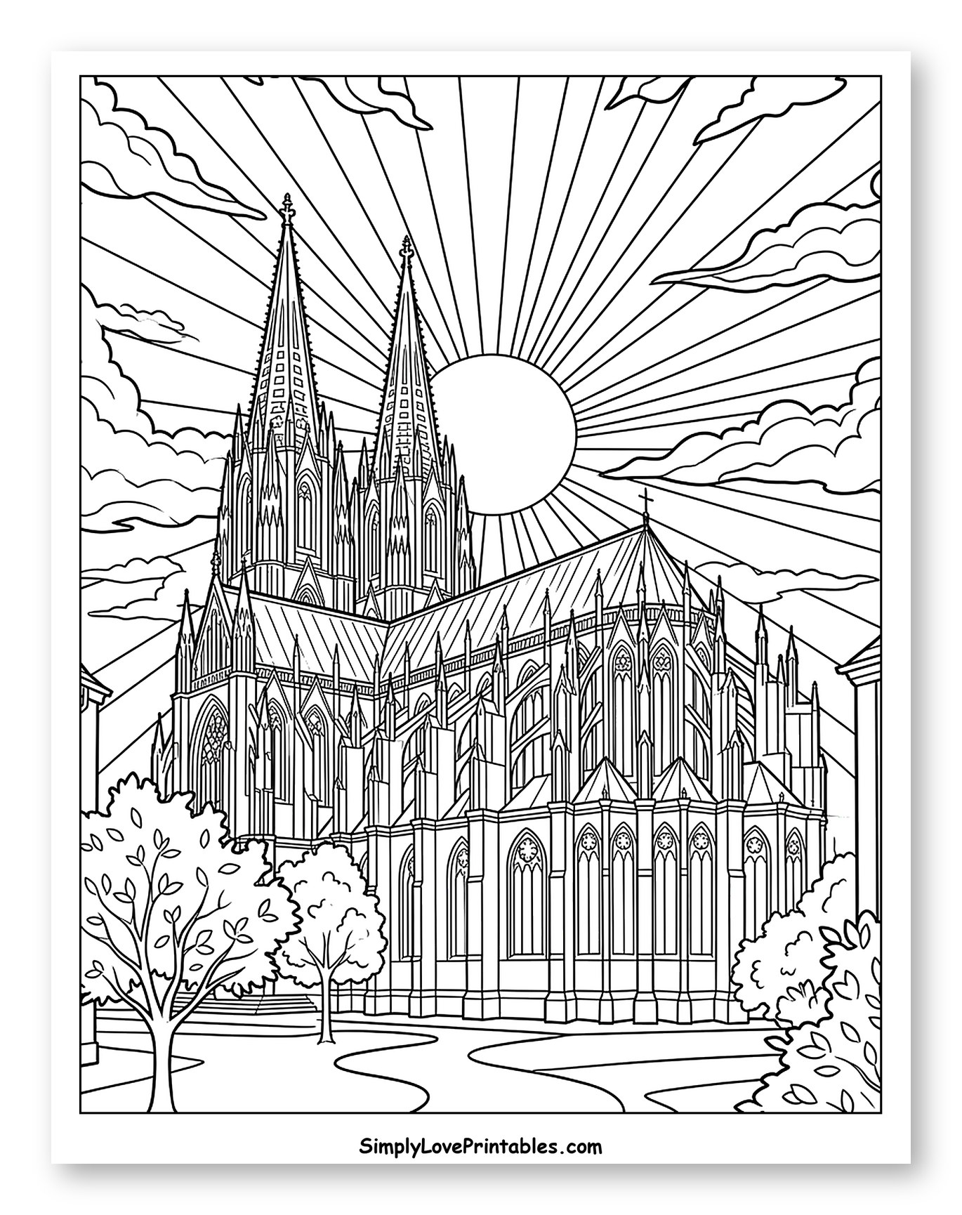 Majestic Cathedral with Sun Rays and Clouds