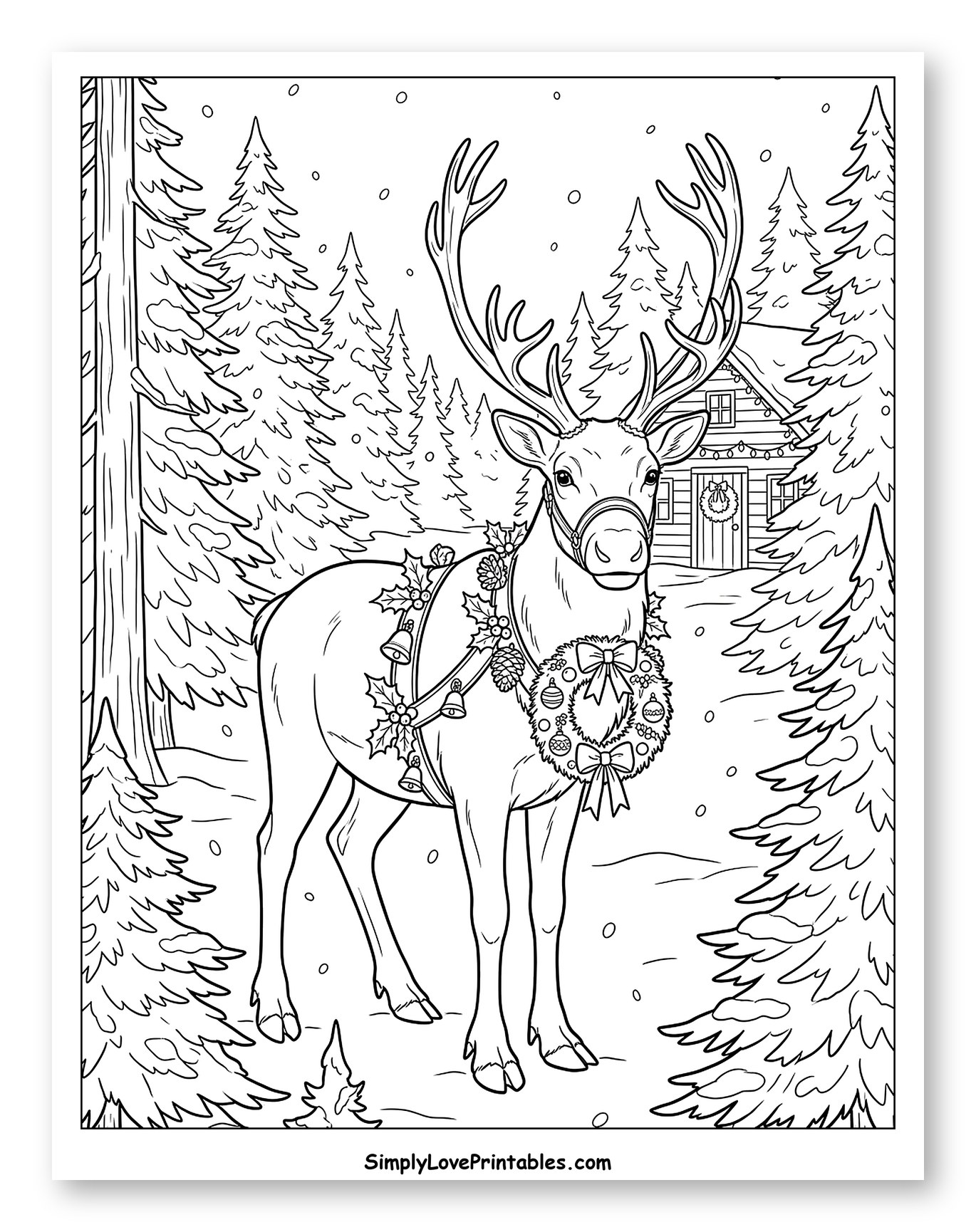 Majestic Christmas Reindeer near a Cozy Cabin Coloring Sheet