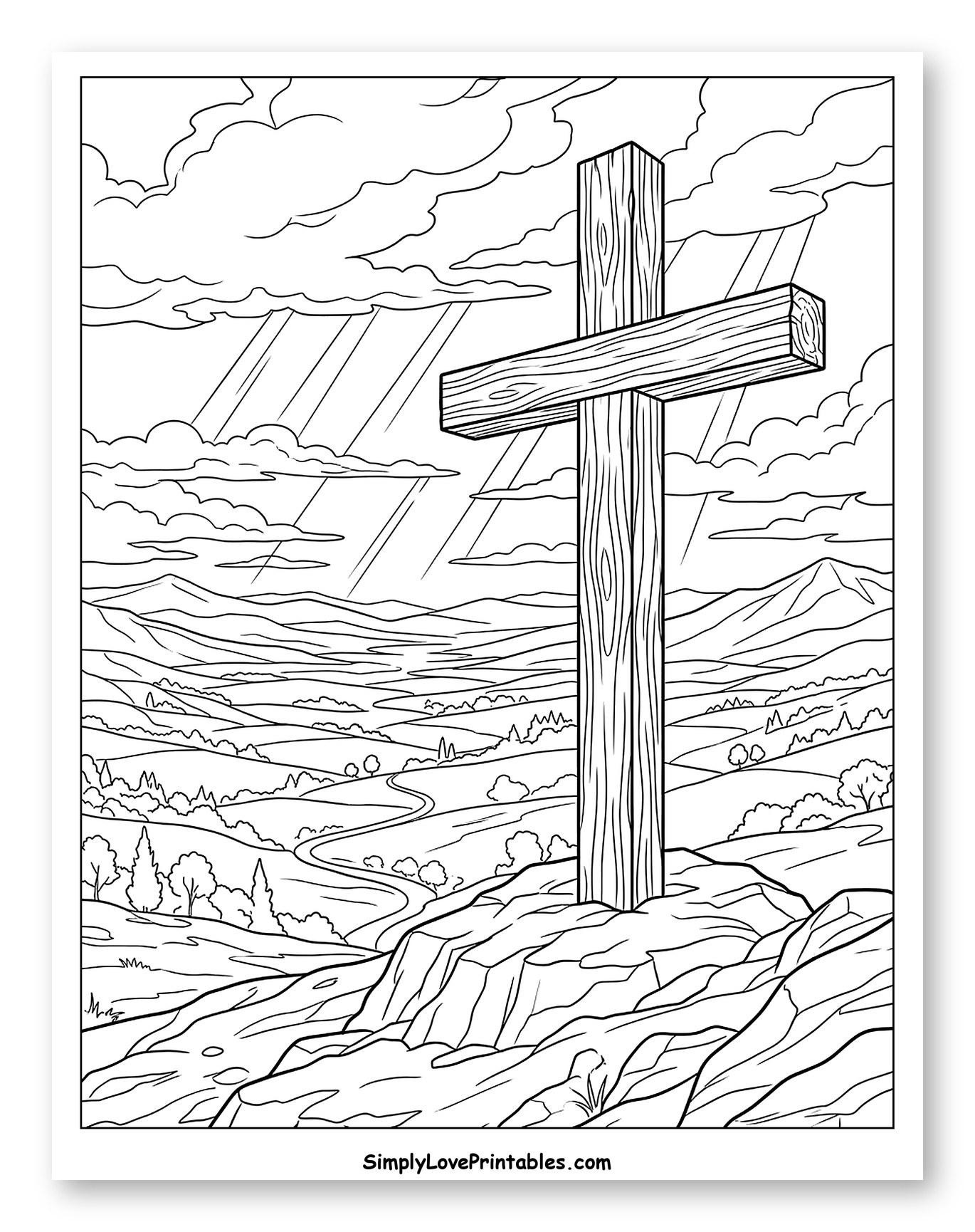 Majestic Cross on a Hill Overlooking a Valley to Color