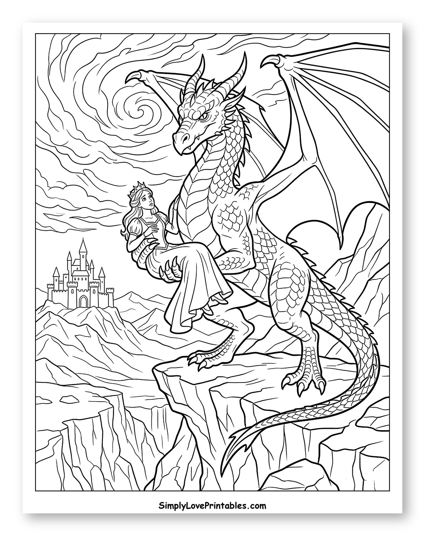 Majestic Dragon Holding Princess on Cliff to Color