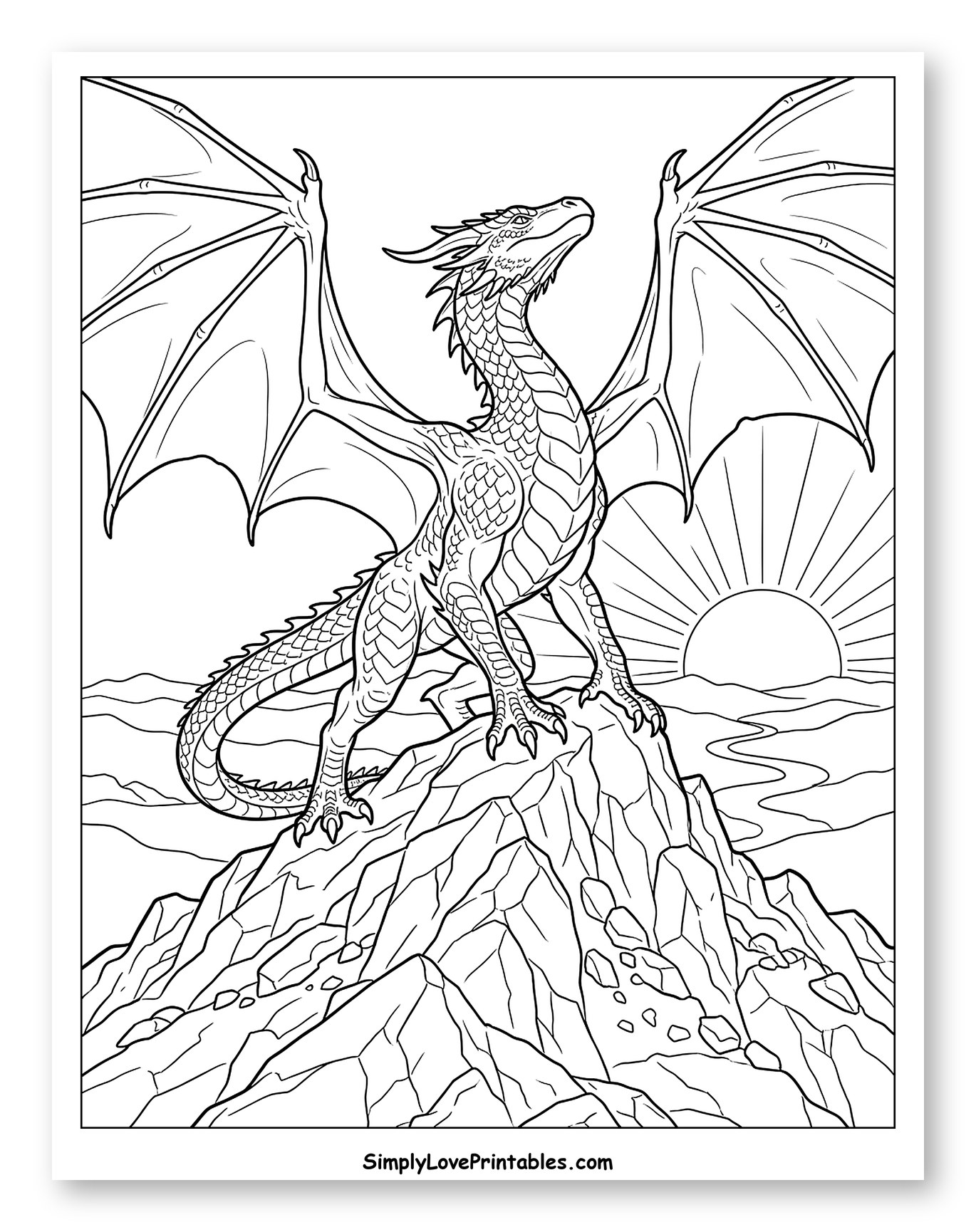 Majestic Dragon on Mountain at Sunrise Coloring Sheet