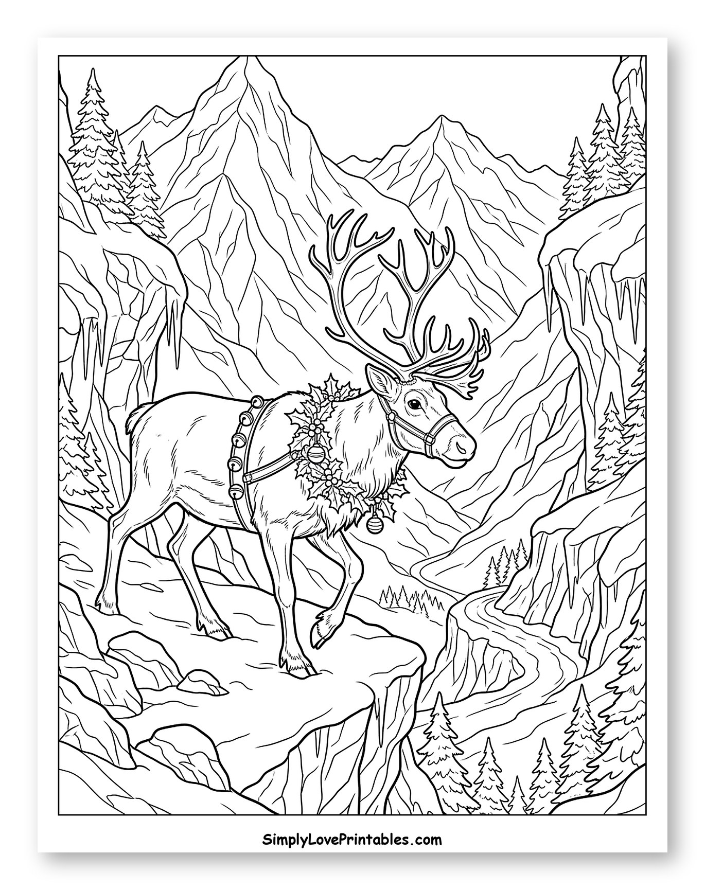 Majestic Festive Reindeer on a Mountain Cliff to Color