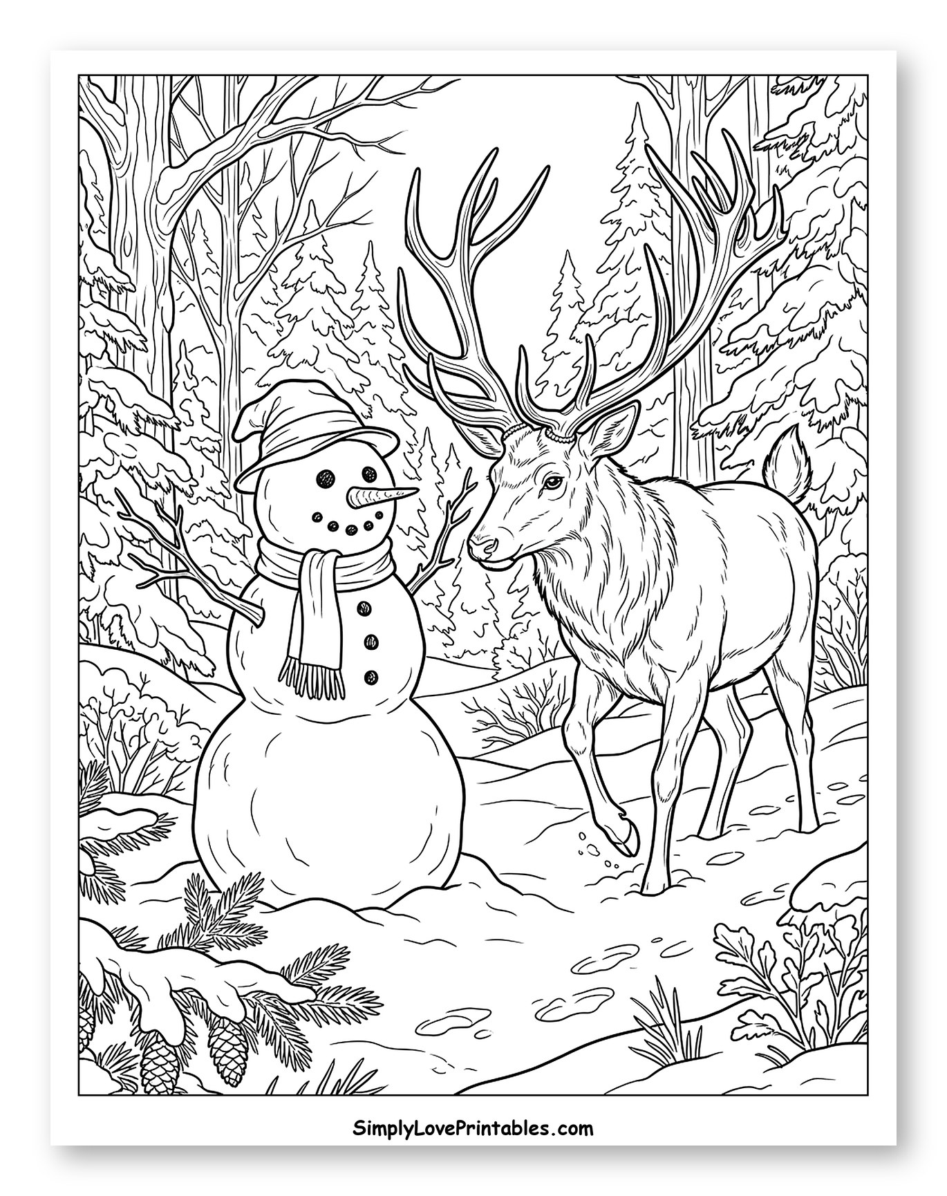 Majestic Forest Deer Greeting a Friendly Snowman to Color