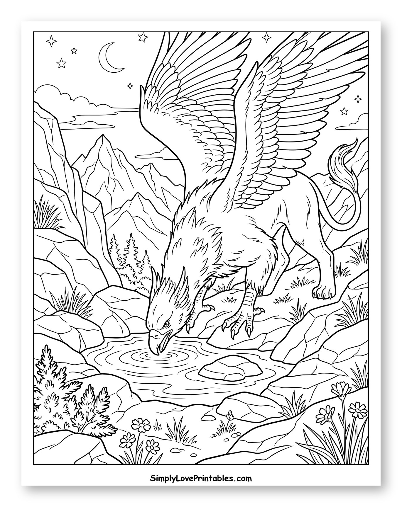 Majestic Griffin Drinking Water in Mountain Landscape Coloring Sheet