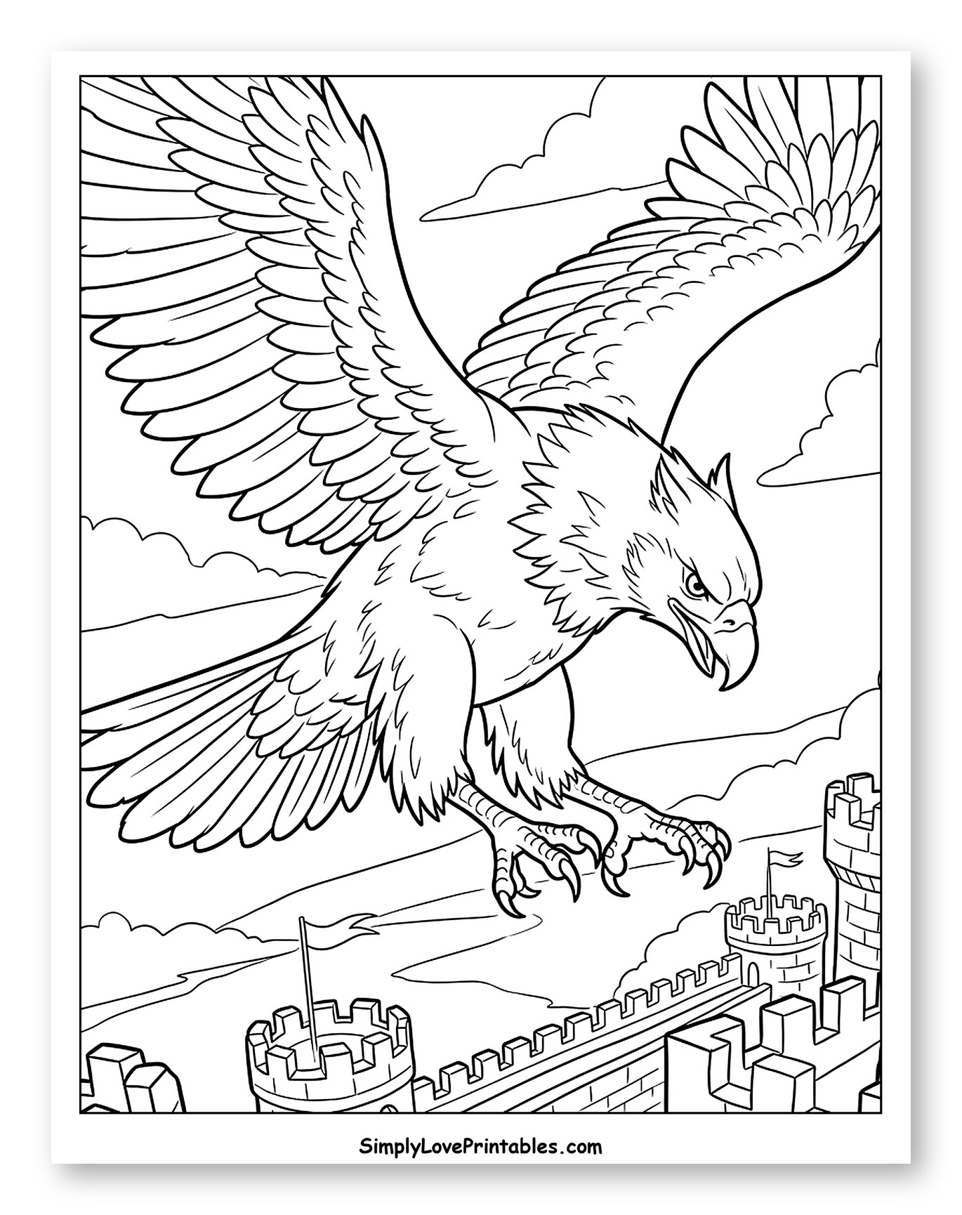 Majestic Griffin Soaring Above a Medieval Castle