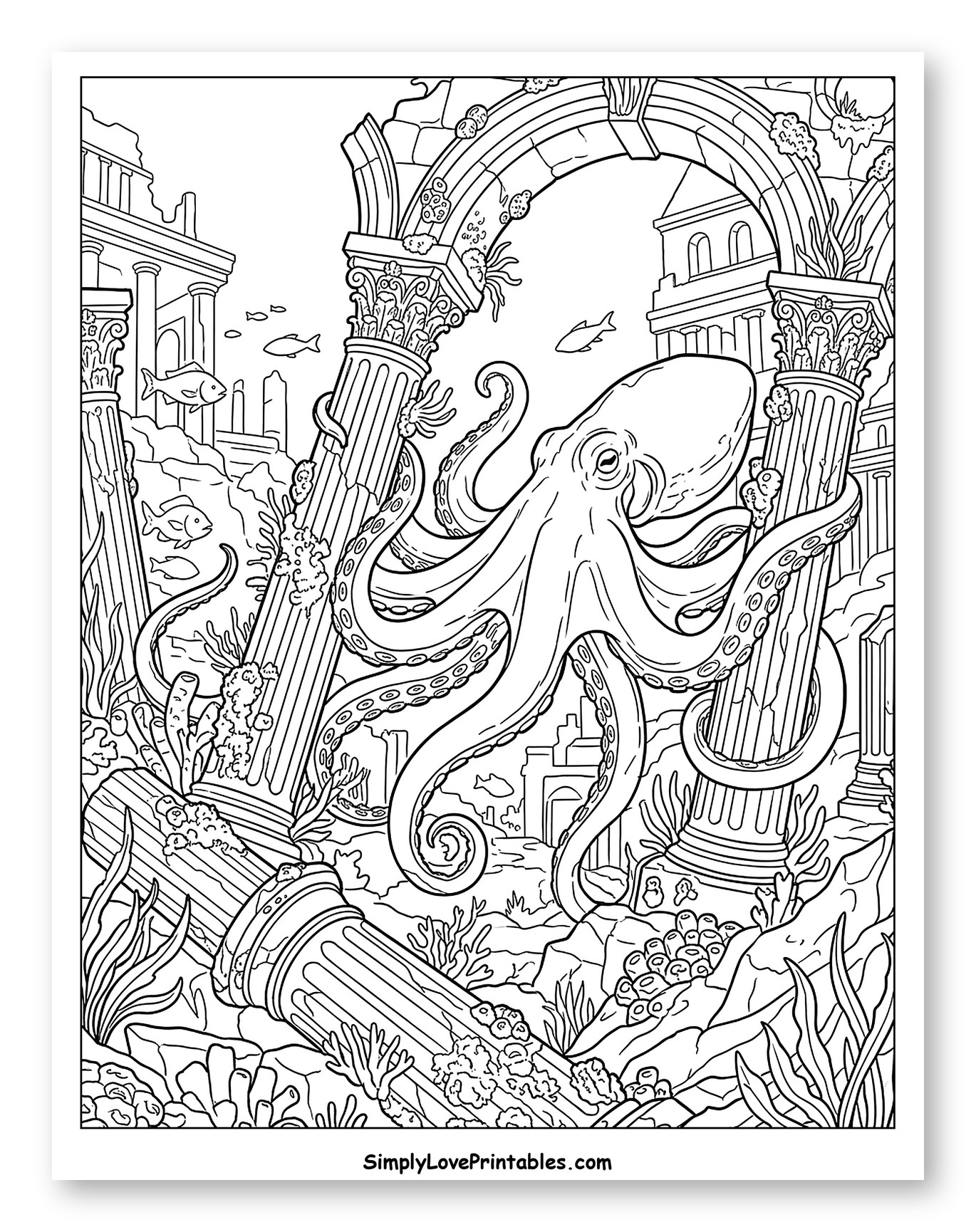 Majestic Octopus in Lost Underwater City to Color