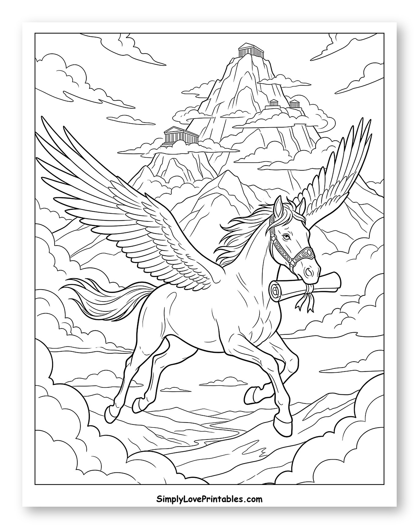 Majestic Pegasus Carrying a Scroll Coloring Page