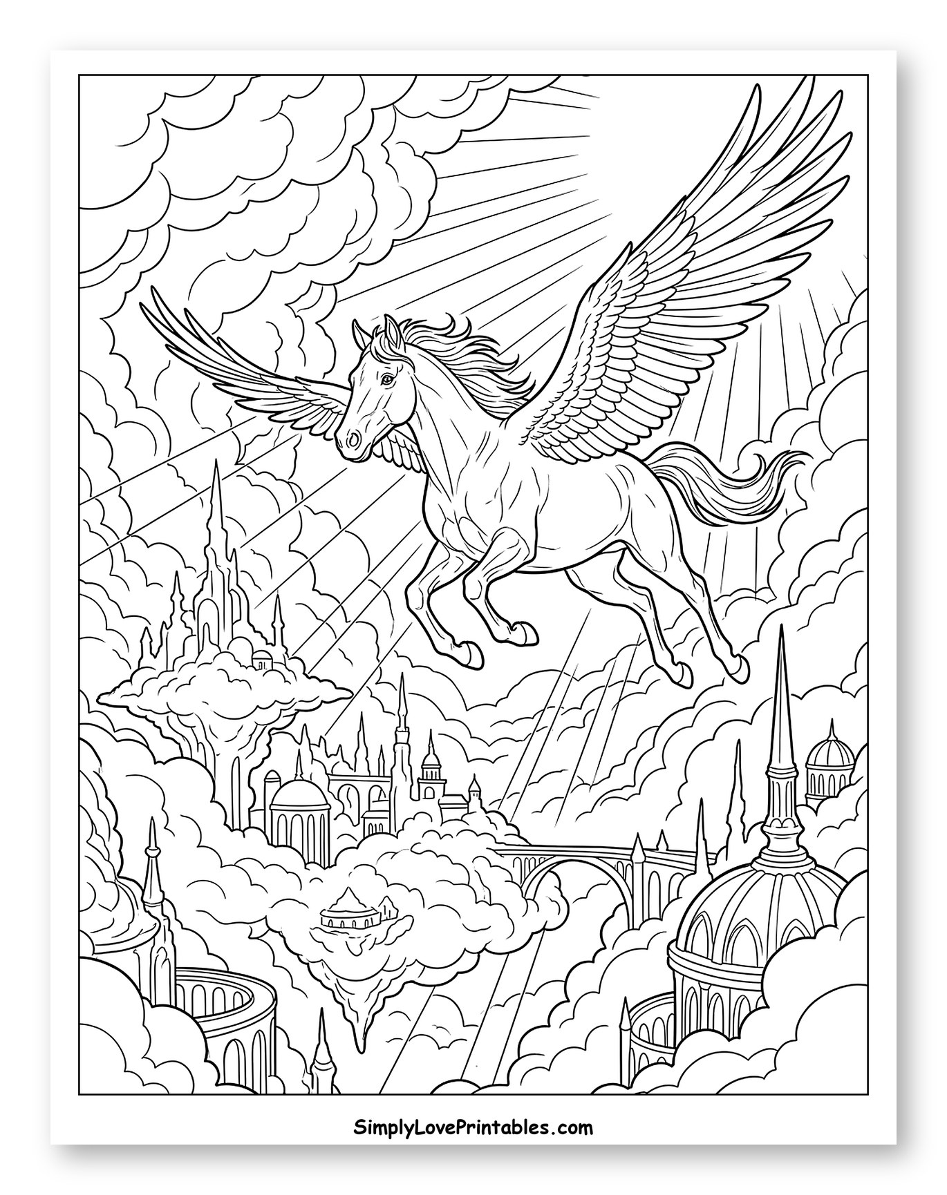 Majestic Pegasus Soaring Above Cloud Cities