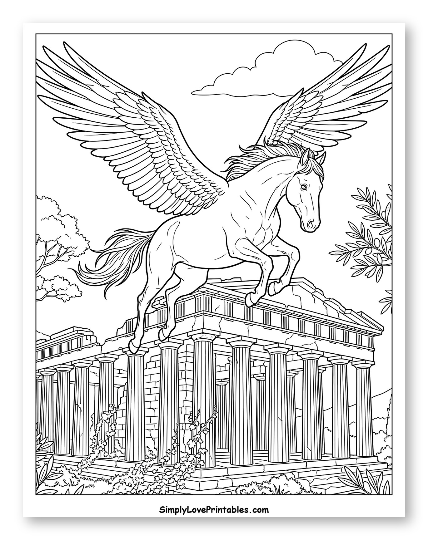 Majestic Pegasus Soaring Above Greek Ruins to Color