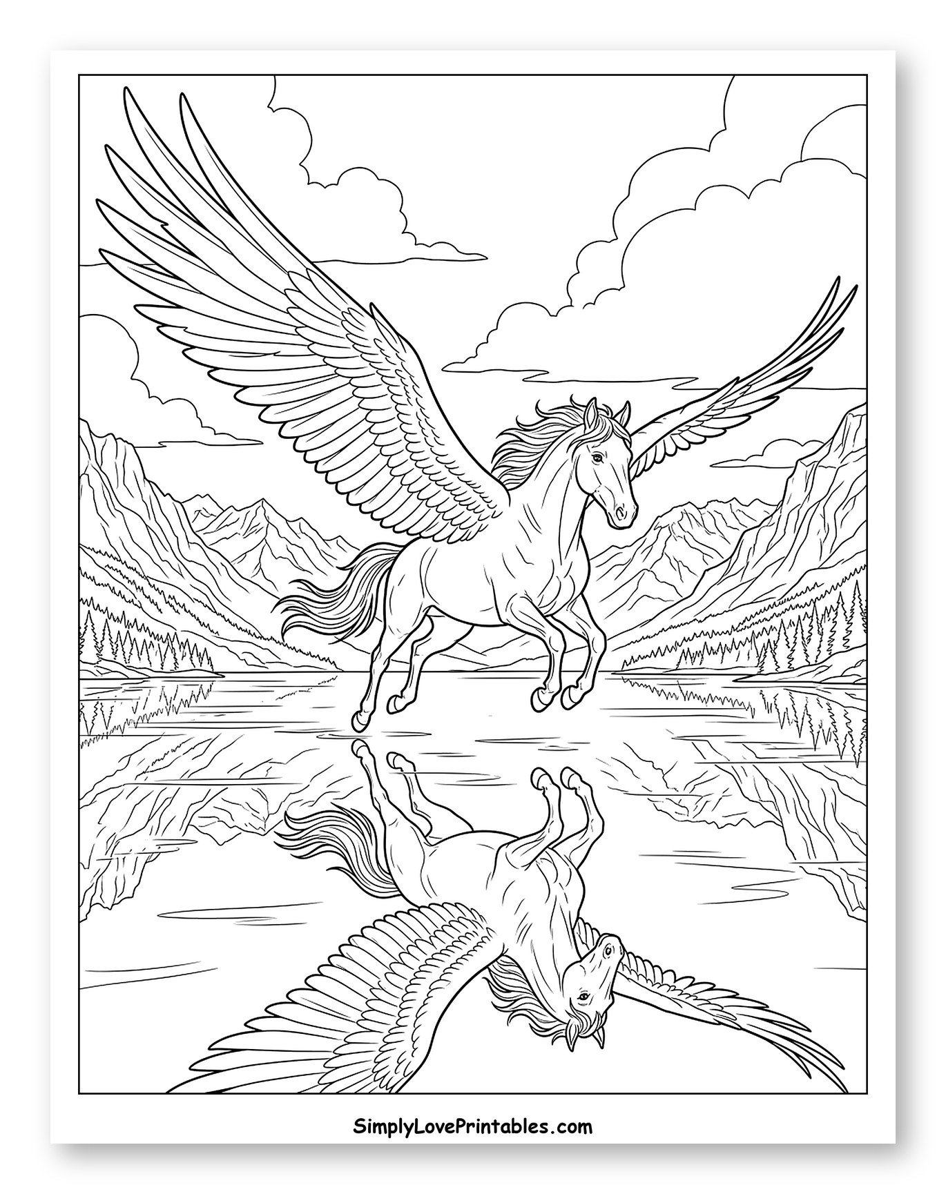 Majestic Pegasus with Lake Reflection Coloring Page