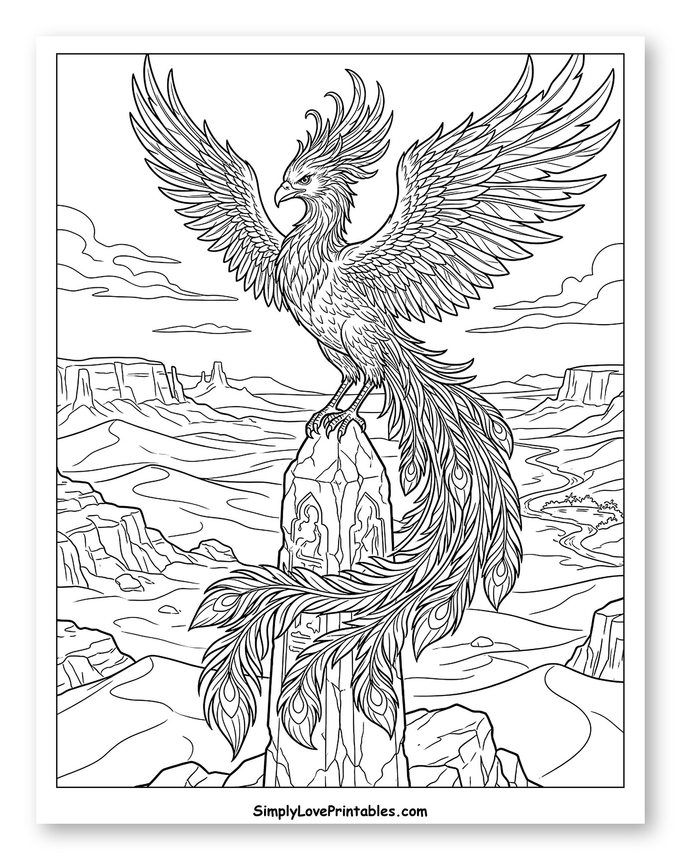 Majestic Phoenix on a Rocky Desert Outcrop Coloring Sheet