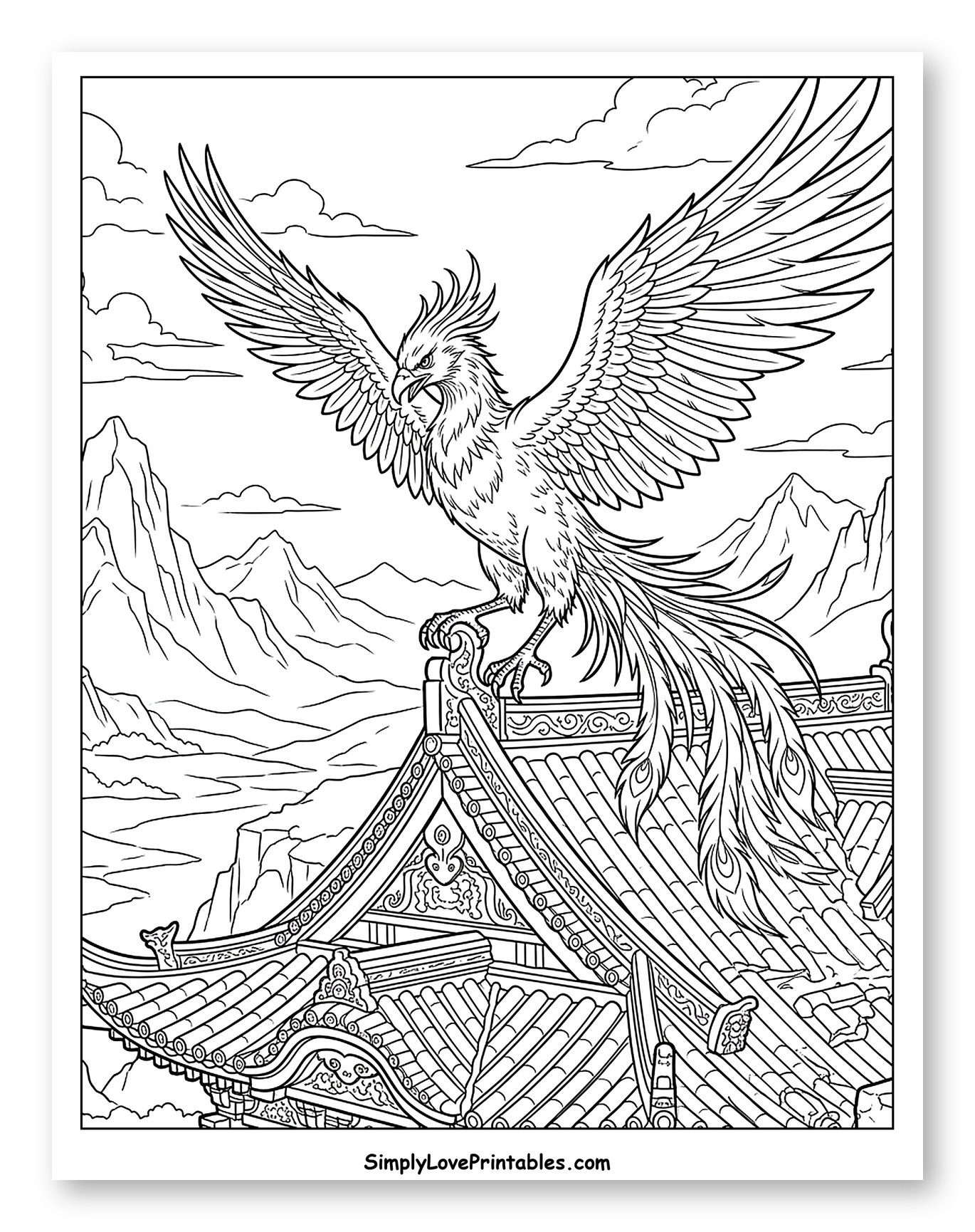 Majestic Phoenix on Ancient Temple Rooftop Coloring Page