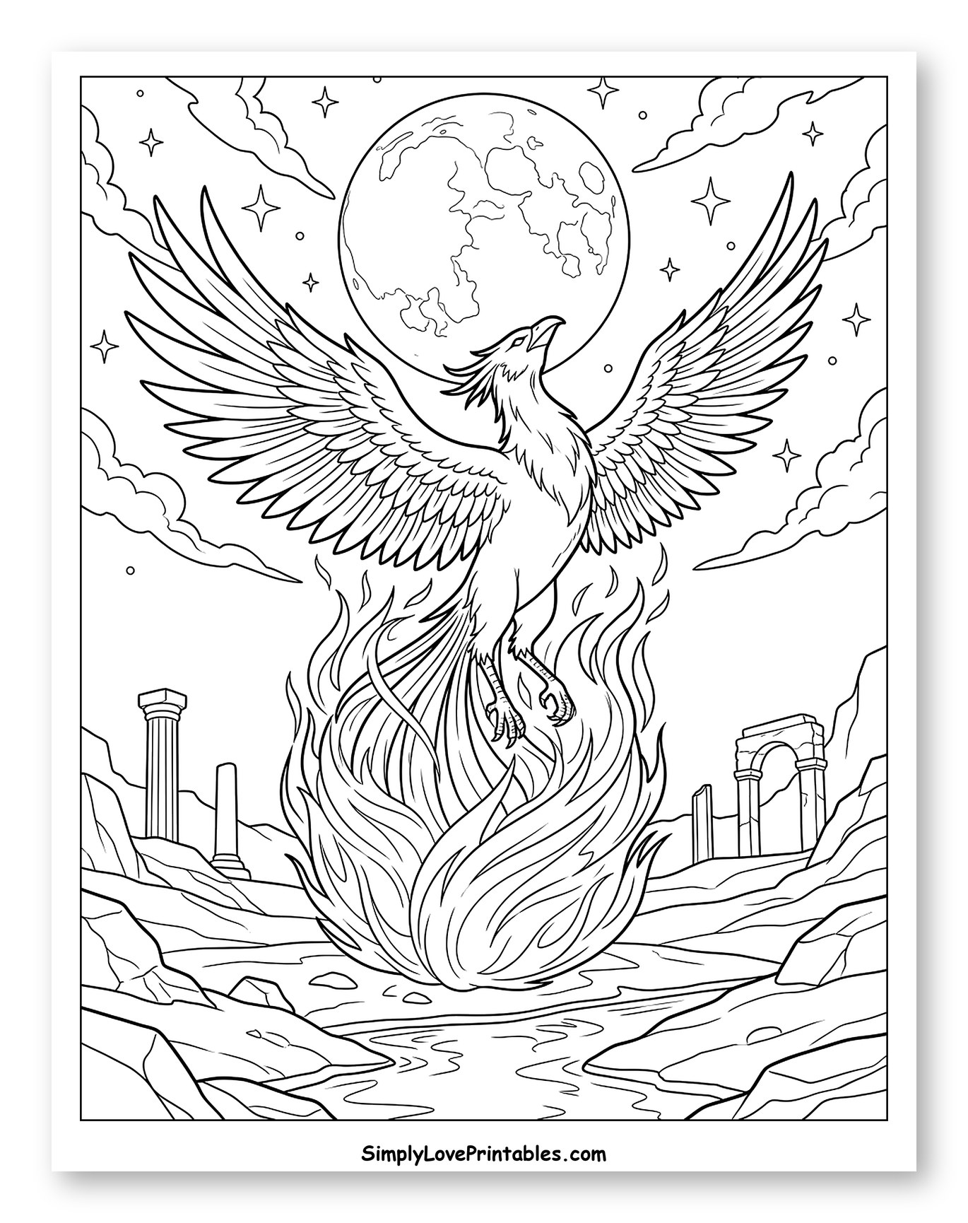 Majestic Phoenix Rising with Moon and Stars to Color