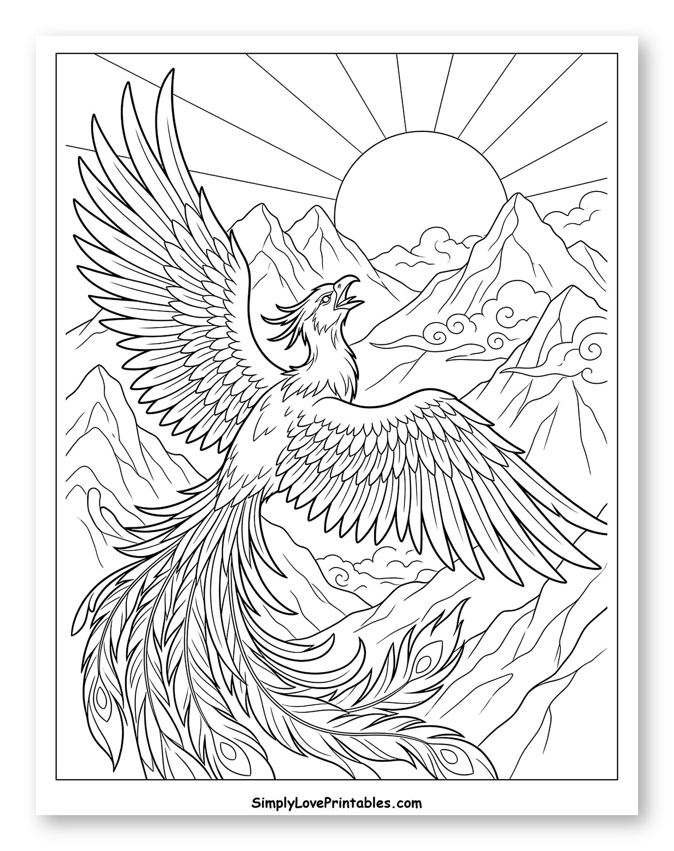 Majestic Phoenix Soaring Above Mountains and Sun Coloring Page