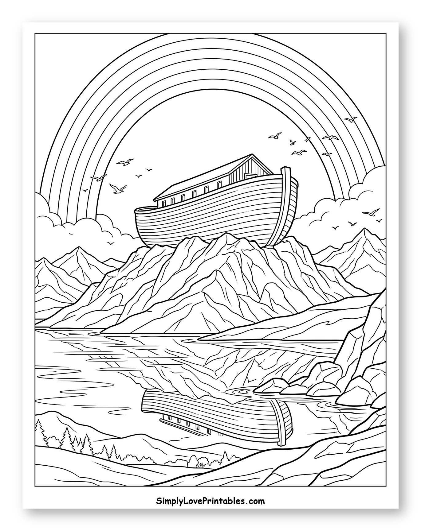 Majestic Rainbow Over Ark on Mountain Coloring Page