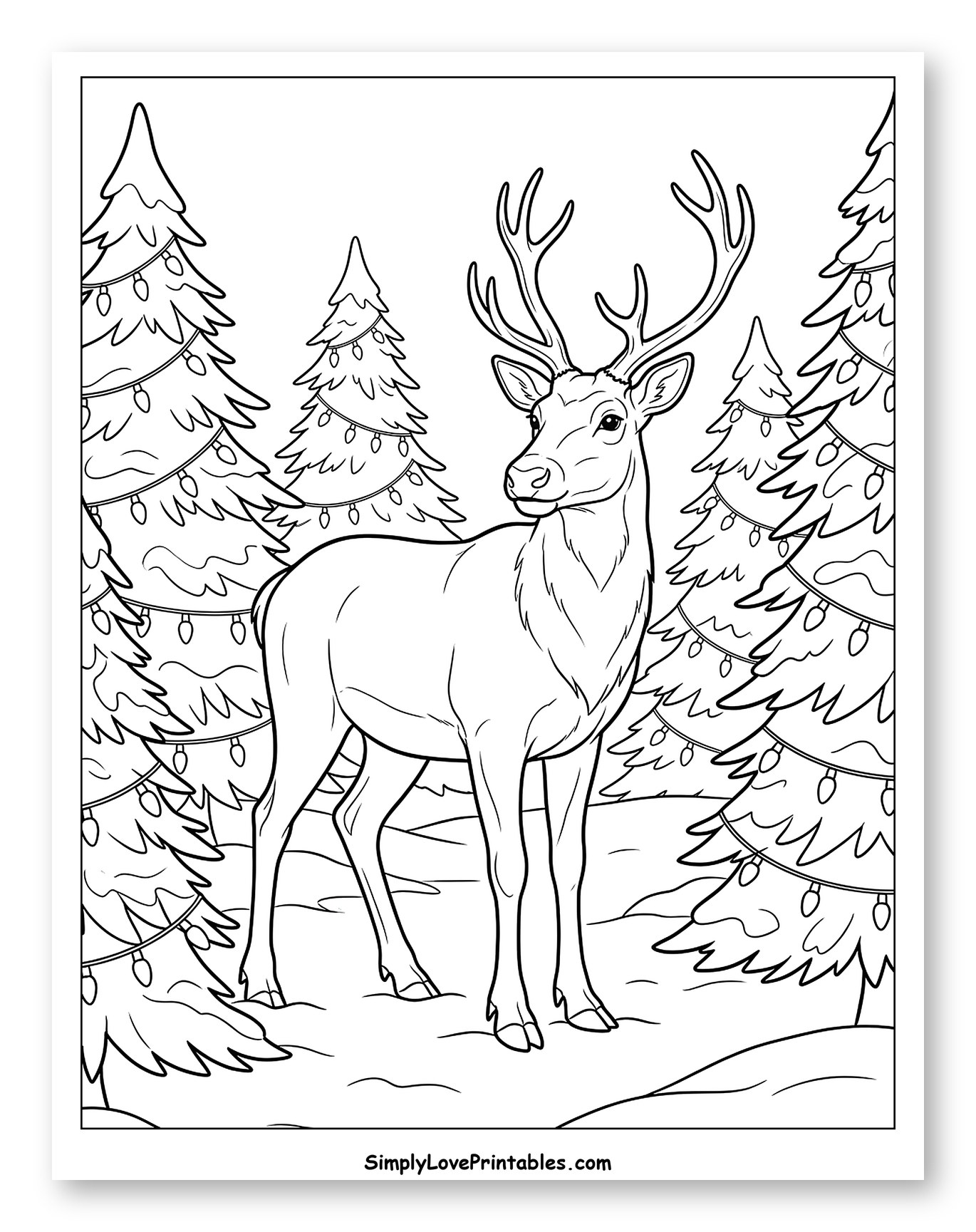 Majestic Reindeer in a Festive Winter Forest Coloring Page