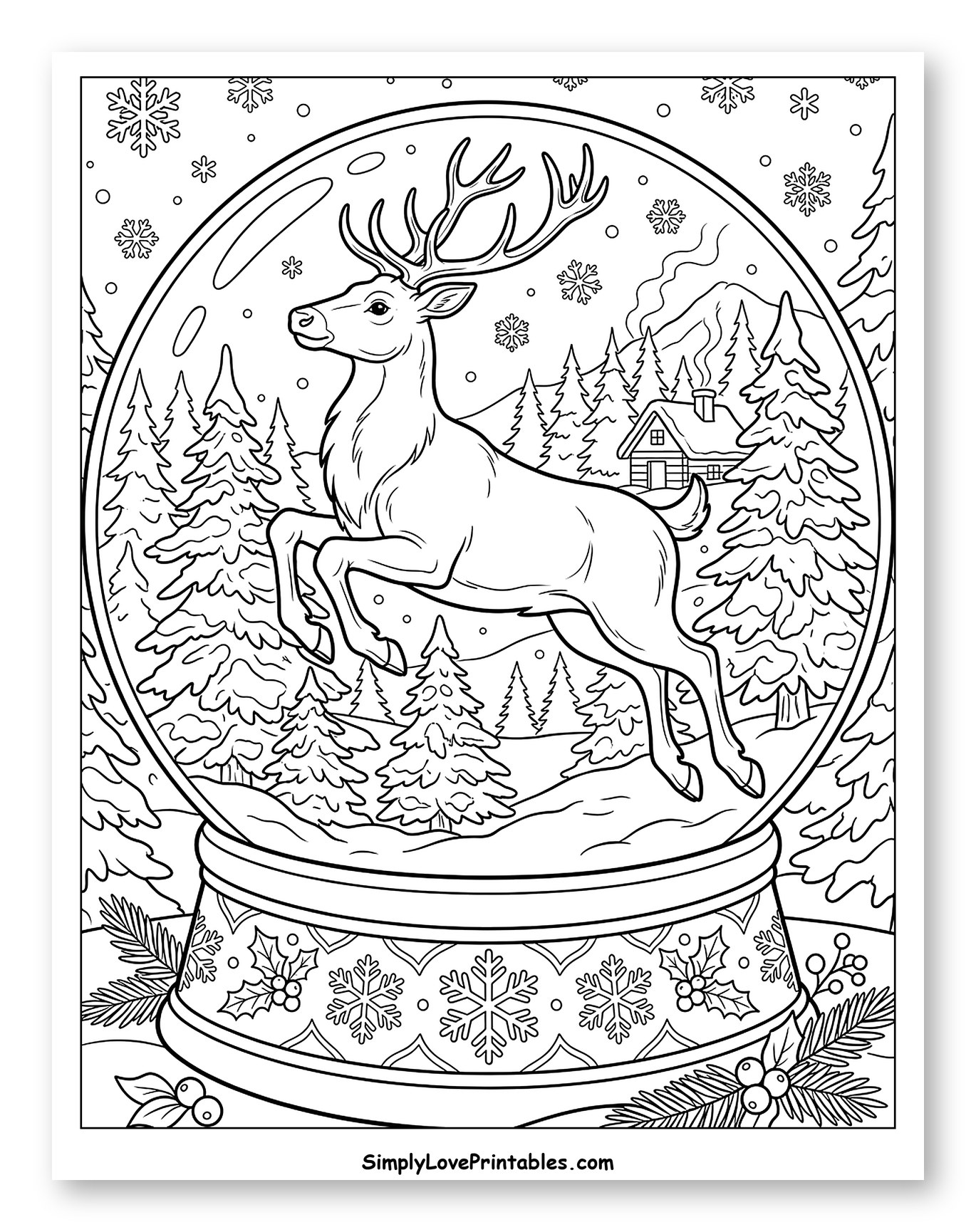 Majestic Reindeer Leaping inside a Snow Globe to Color