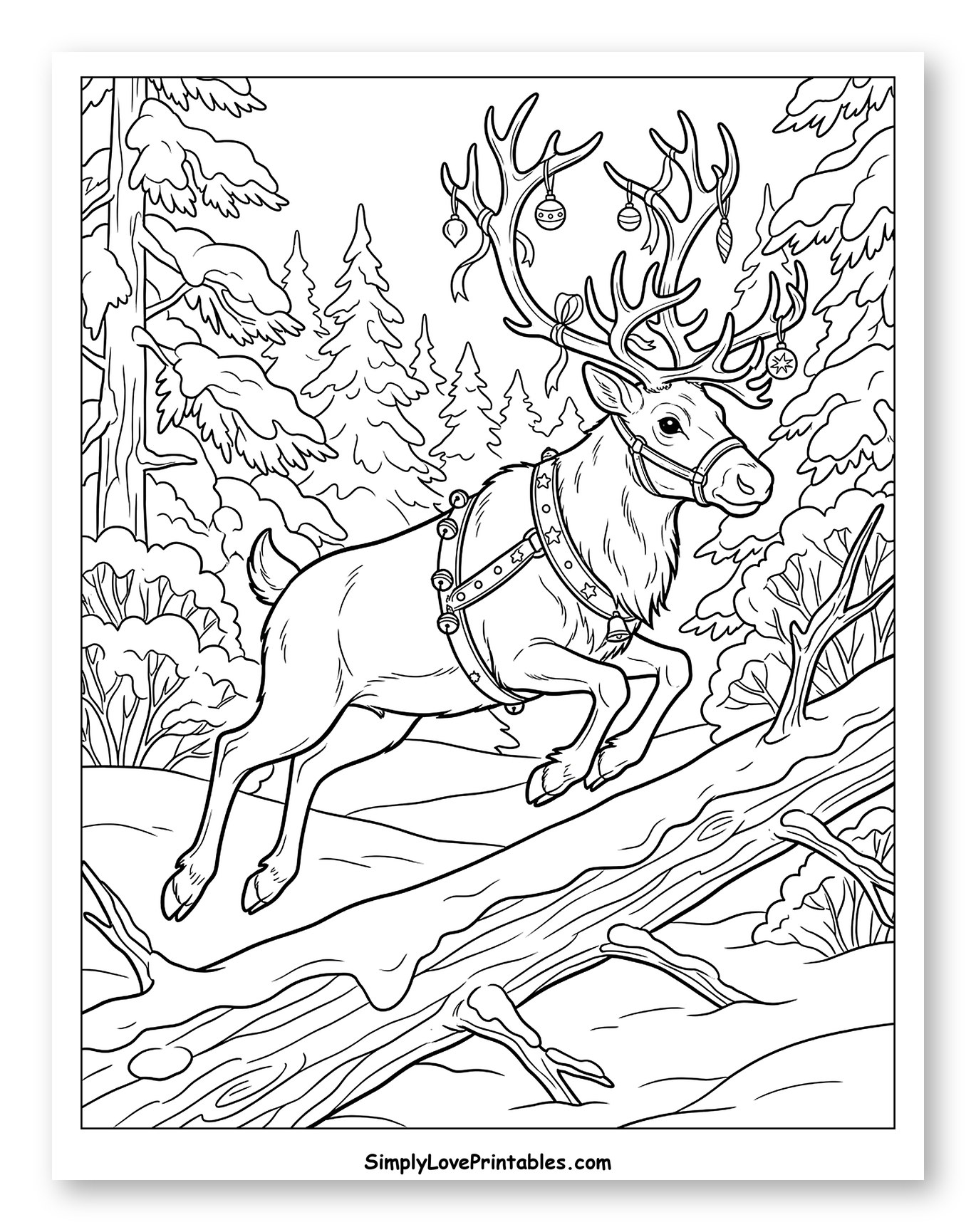 Majestic Reindeer Leaping Over a Fallen Log to Color