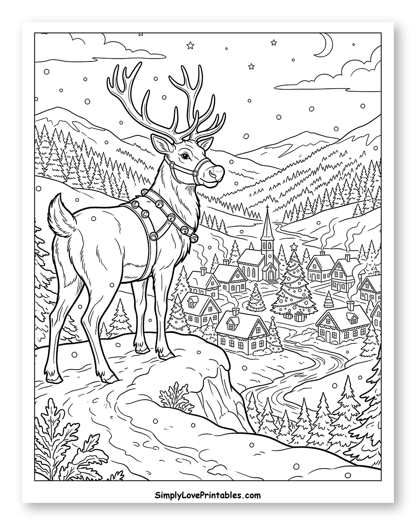 Majestic Reindeer Overlooking a Snowy Christmas Village Coloring Page