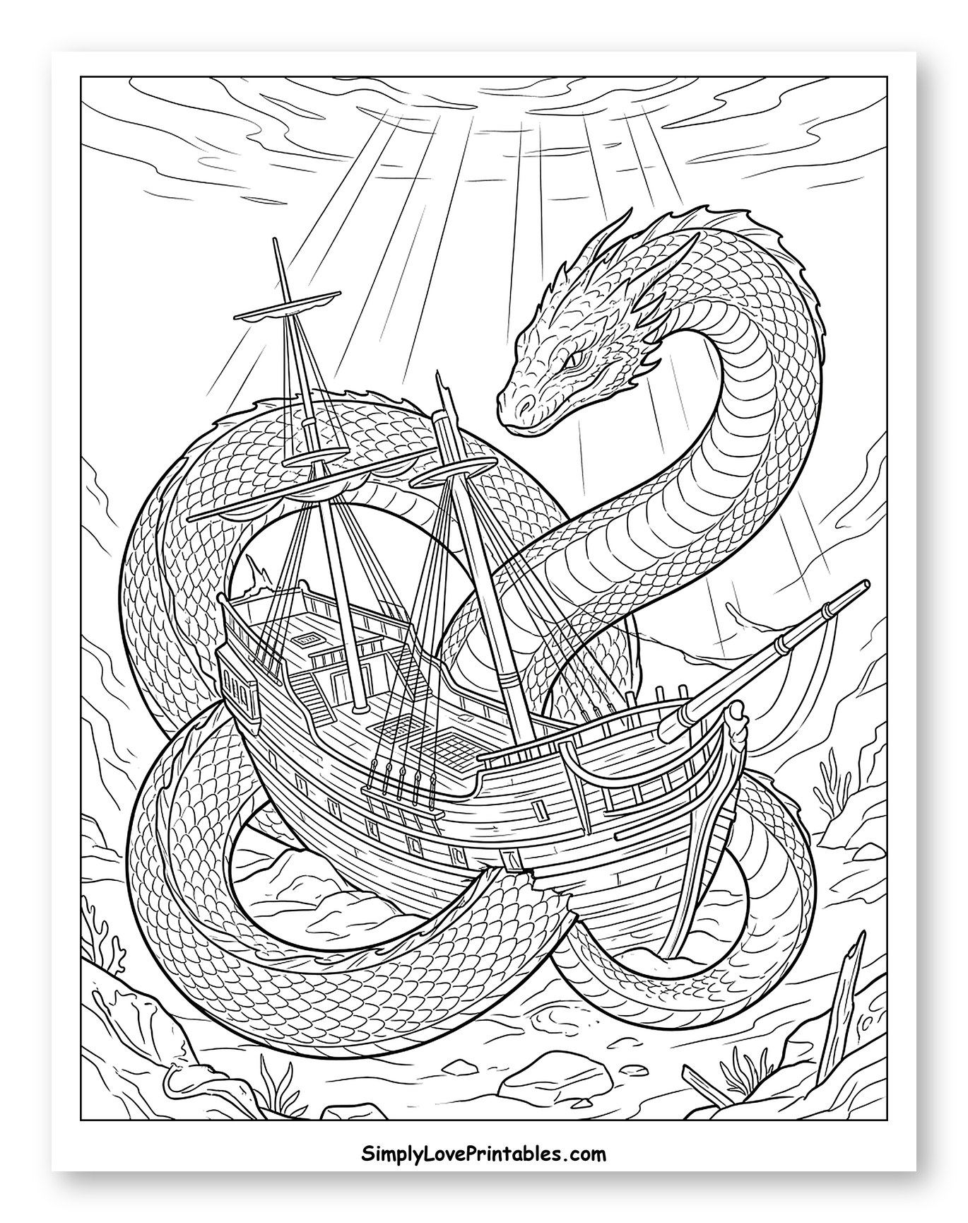 Majestic Sea Serpent Coiled Around a Wrecked Ship to Color