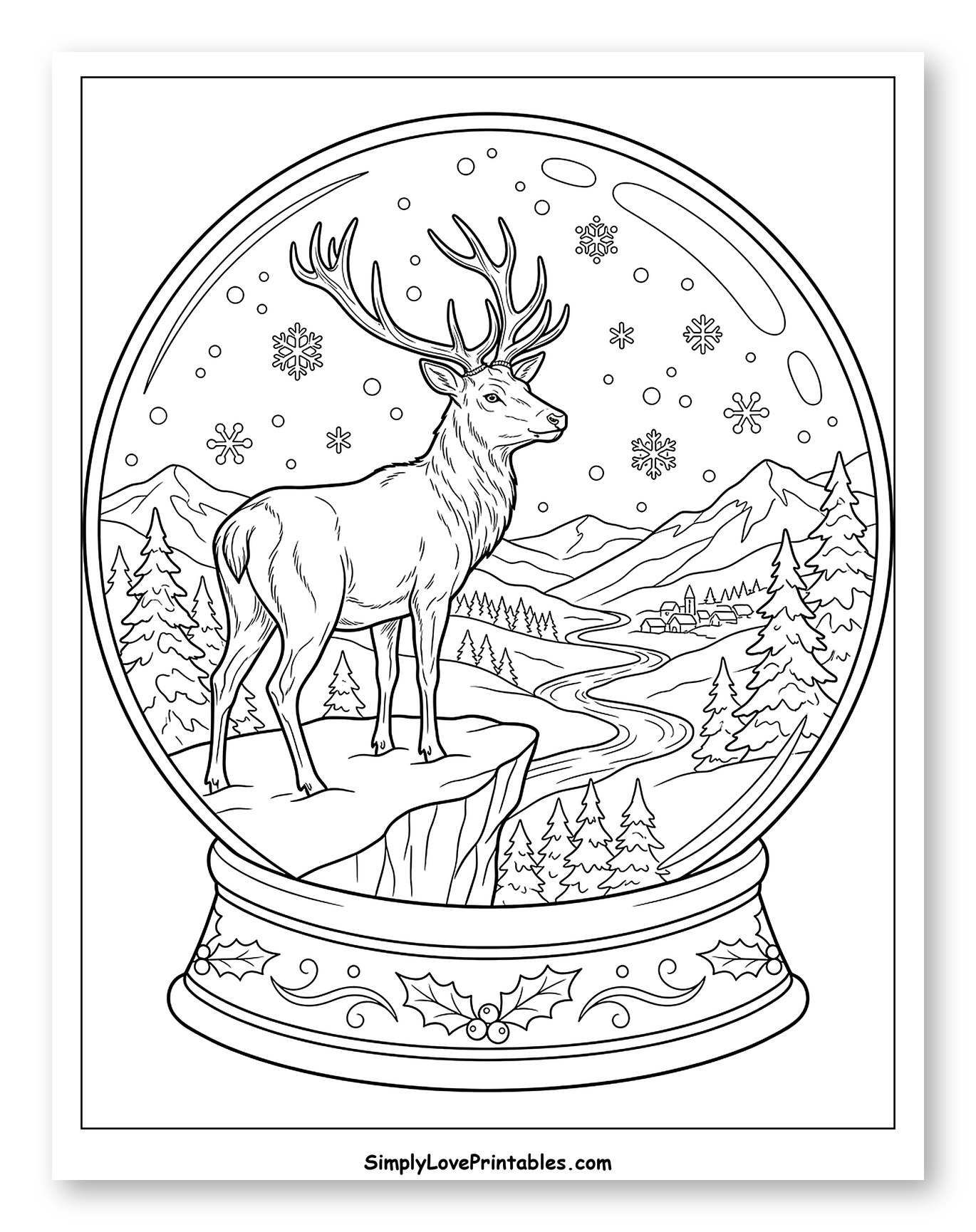 Majestic Stag Inside a Winter Snow Globe Coloring Sheet