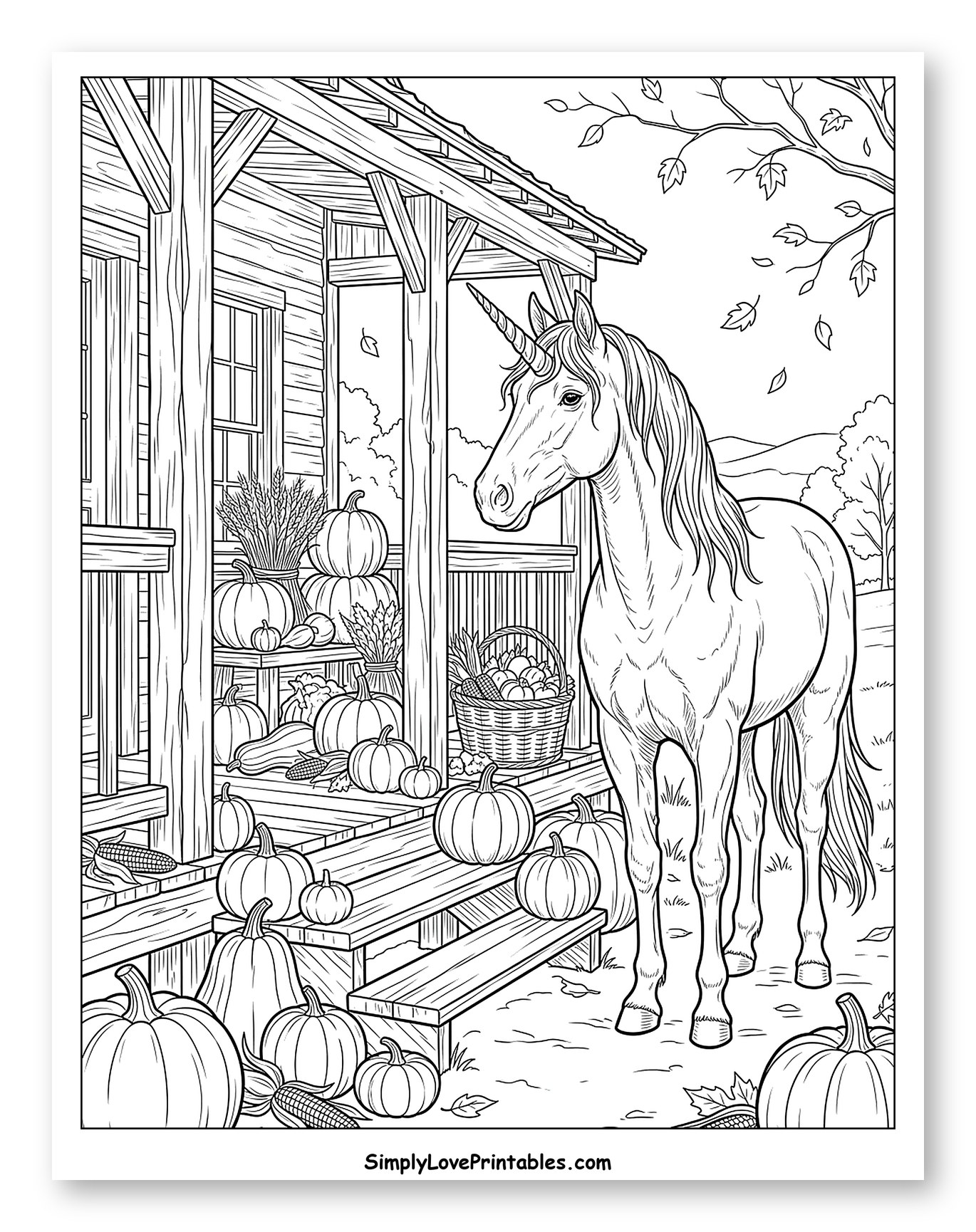 Majestic Unicorn Beside an Autumn Harvest Porch